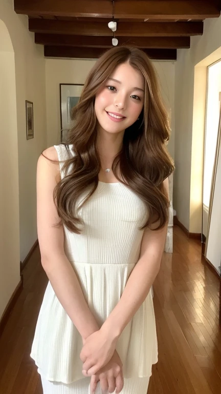 ((((masterpiece, Highest quality, High resolution)))) ,(White clothes, Thin material),, Shine, (Sunbeam, sunlight),Bright smile、((Brown Hair)),Girl with perfect figure,Japan female, 20 years old、Wavy long hair、Very narrow face and eyes、Inside the room