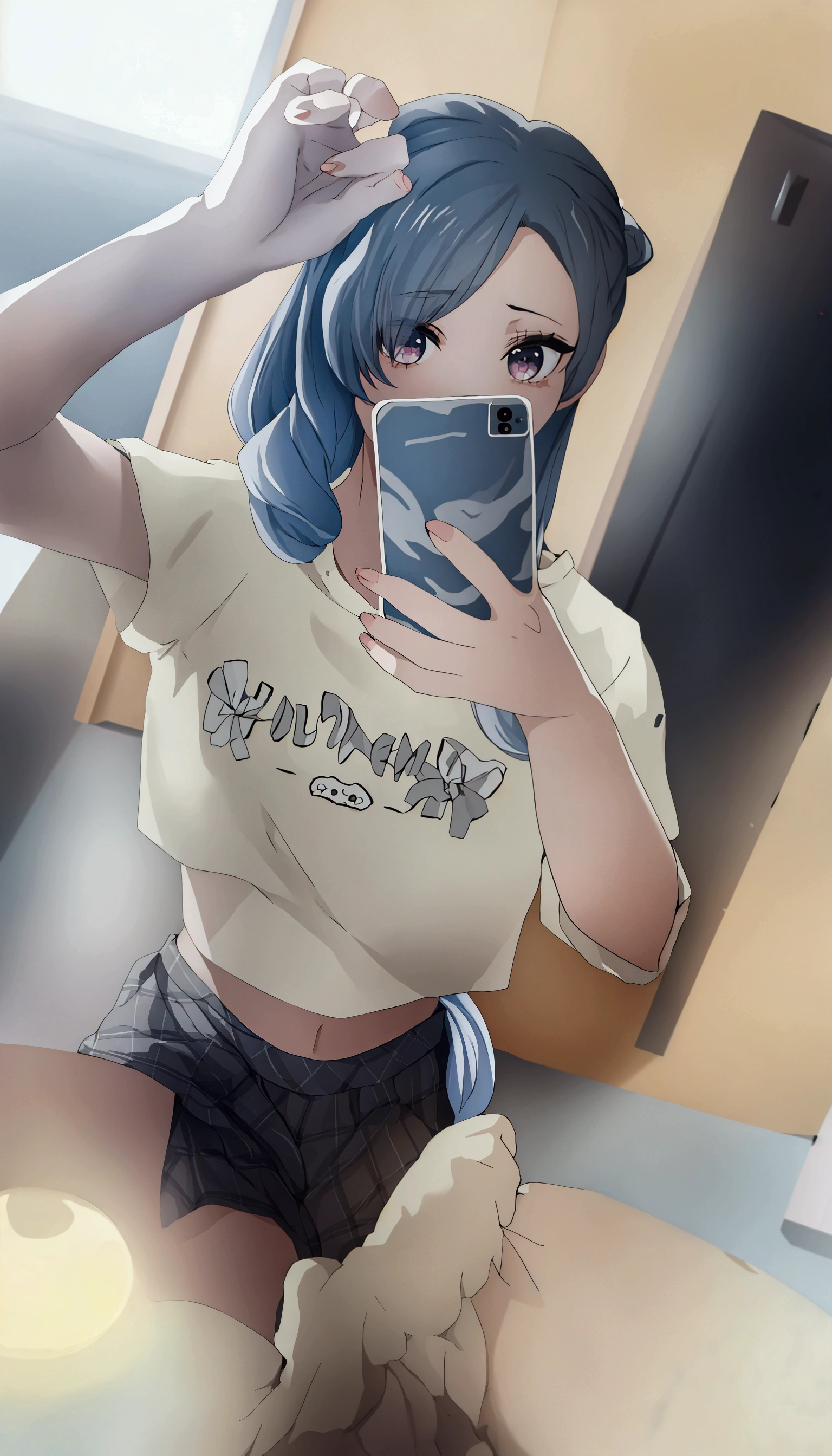 A woman is taking a selfie in the mirror, 破れたクロップT-Shirts, Crop top, 2263539546], Ulzzang, 1 8 is, Low quality photos, 👅 👅, 2 4-year-old female model, T-Shirts, Chiho, Gray hair black hair, 20-year-old, Two 0&#39;s