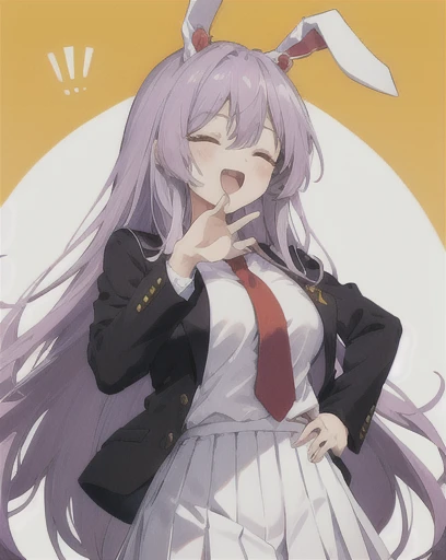 ojou-sama pose, 1girl, long hair, solo, reisen udongein inaba, animal ears, rabbit ears, jacket, skirt, open mouth, closed eyes, long sleeves, necktie, smile, bangs, crescent, shirt, purple hair, white shirt, laughing, hand on hip, blush, white skirt, collared shirt, red necktie, yellow background, +++, gradient, breasts, buttons, crescent pin, gradient background, blazer, black jacket, light purple hair, standing, massive breasts, polka dot background, very long hair, pleated skirt, simple background