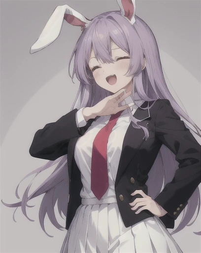 ojou-sama pose, 1girl, long hair, solo, reisen udongein inaba, animal ears, rabbit ears, jacket, skirt, open mouth, closed eyes, long sleeves, necktie, smile, bangs, crescent, shirt, purple hair, white shirt, laughing, hand on hip, blush, white skirt, collared shirt, red necktie, yellow background, +++, gradient, breasts, buttons, crescent pin, gradient background, blazer, black jacket, light purple hair, standing, massive breasts, polka dot background, very long hair, pleated skirt, simple background