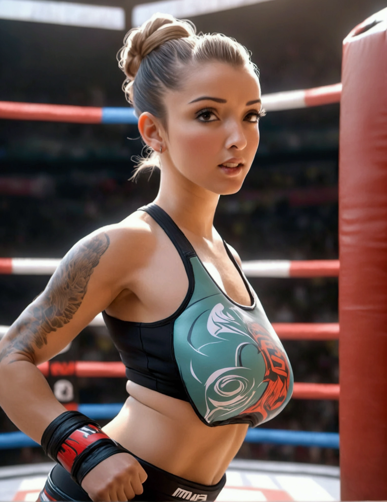 a beautiful young woman, athletic, with her hair tied up in a tight bun, wearing brightly colored MMA fighting gear, standing in an octagon fighting ring, viewed from a low angle outside the ring, masterpiece, (best quality, 4k, 8k, highres, ultra-detailed, realistic, photorealistic:1.37), professional studio lighting, physically-based rendering, extremely detailed description, vivid colors, sharp focus, octagon MMA fighting ring, athletic woman MMA fighter, tight bun hairstyle, colorful MMA outfit, low angle outside the ring, dynamic action pose