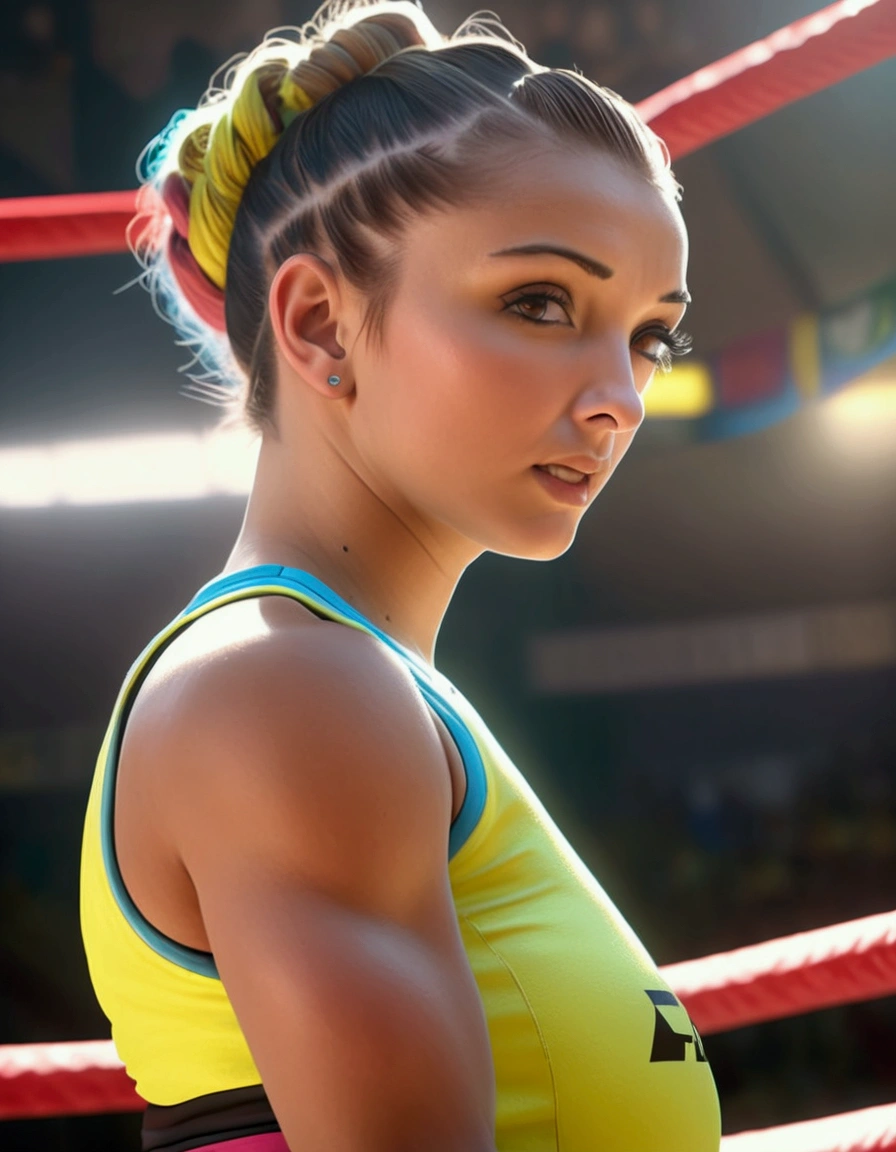 a beautiful young woman, athletic, with her hair tied up in a tight bun, wearing brightly colored MMA fighting gear, standing in an octagon fighting ring, viewed from a low angle outside the ring, masterpiece, (best quality, 4k, 8k, highres, ultra-detailed, realistic, photorealistic:1.37), professional studio lighting, physically-based rendering, extremely detailed description, vivid colors, sharp focus, octagon MMA fighting ring, athletic woman MMA fighter, tight bun hairstyle, colorful MMA outfit, low angle outside the ring, dynamic action pose