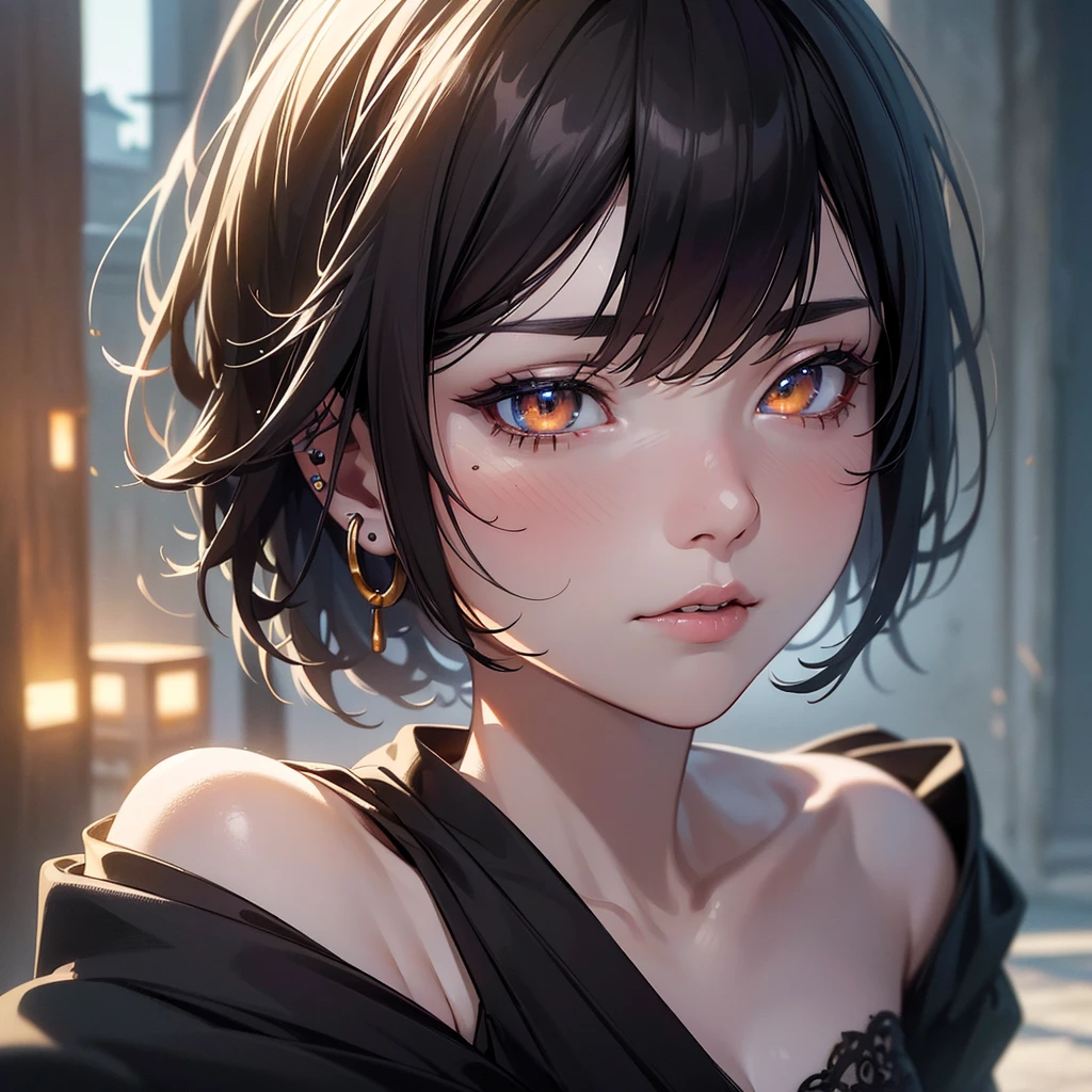 a woman witch, beautiful detailed eyes, beautiful detailed lips, extremely detailed eyes and face, amber eyes, small eyes, pale skin, black short pixiecut hair, piercing eyebrow, calm expression, extremely detailed ambience and full body, listening to music with headphones, sitting on sidewalk, Japan, (best quality,4k,8k,highres,masterpiece:1.2),ultra-detailed,(realistic,photorealistic,photo-realistic:1.37),detailed facial features, intricate details, dramatic lighting, vibrant colors, moody atmosphere, cinematic composition