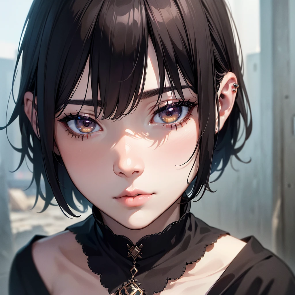 a woman witch, beautiful detailed eyes, beautiful detailed lips, extremely detailed eyes and face, amber eyes, small eyes, pale skin, black short pixiecut hair, piercing eyebrow, calm expression, extremely detailed ambience and full body, listening to music with headphones, sitting on sidewalk, Japan, (best quality,4k,8k,highres,masterpiece:1.2),ultra-detailed,(realistic,photorealistic,photo-realistic:1.37),detailed facial features, intricate details, dramatic lighting, vibrant colors, moody atmosphere, cinematic composition