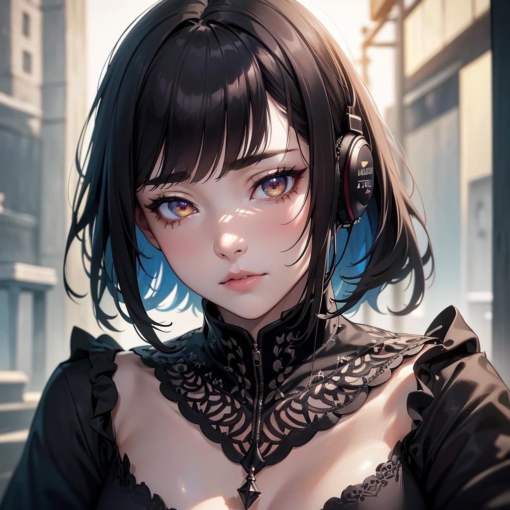 a woman witch, beautiful detailed eyes, beautiful detailed lips, extremely detailed eyes and face, amber eyes, small eyes, pale skin, black short pixiecut hair, piercing eyebrow, calm expression, extremely detailed ambience and full body, listening to music with headphones, sitting on sidewalk, Japan, (best quality,4k,8k,highres,masterpiece:1.2),ultra-detailed,(realistic,photorealistic,photo-realistic:1.37),detailed facial features, intricate details, dramatic lighting, vibrant colors, moody atmosphere, cinematic composition