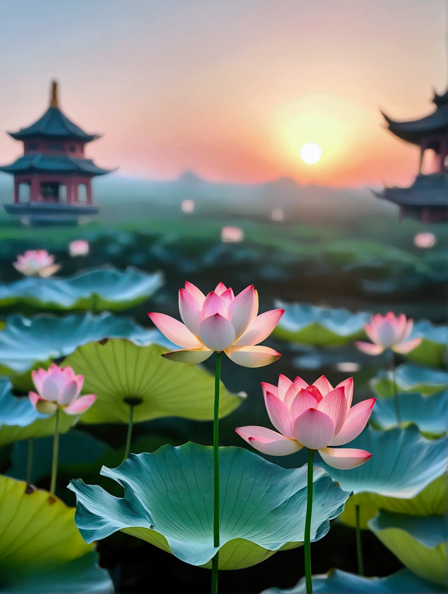 There is a Chinese-style building behind the light pink lotus,There is a beautiful sunset,Real photography,Fresh and natural picture,best quality, high resolution, 16K