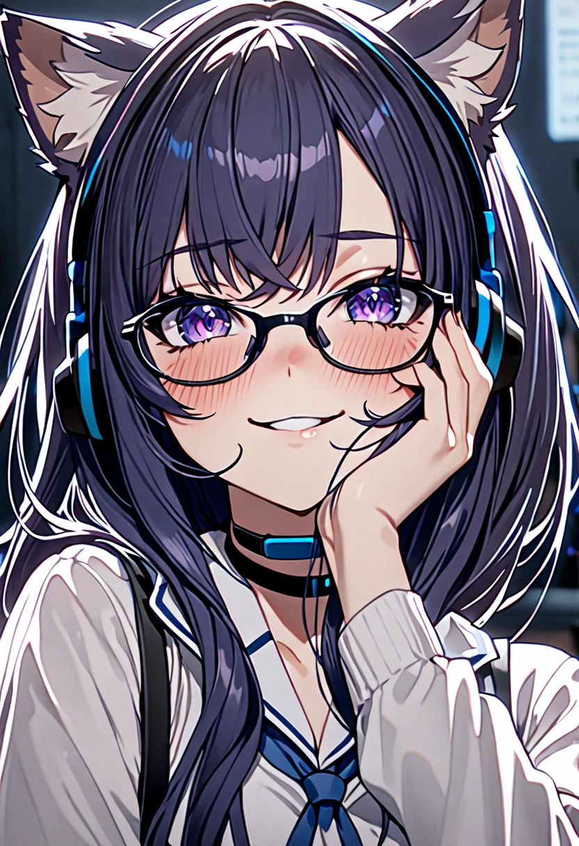 8K Ultra High-Quality, ultra-detailed, High quality, 8K Ultra High-Quality, ultra-detailed, High quality, Dark Blue hair, Long hair, Headset, cat girl, Glasses, yandere smile, close mouth, close up, huge scar on the face