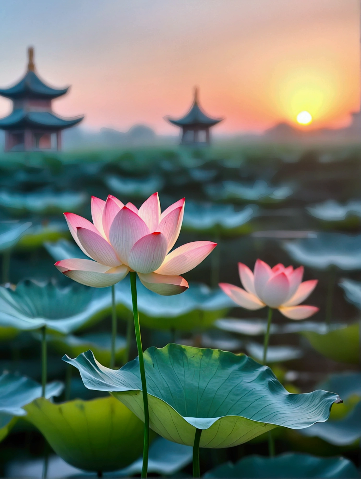 There is a Chinese-style building behind the light pink lotus，There is a beautiful sunset，Real photography,Fresh and natural picture，best quality, high resolution, 16K
