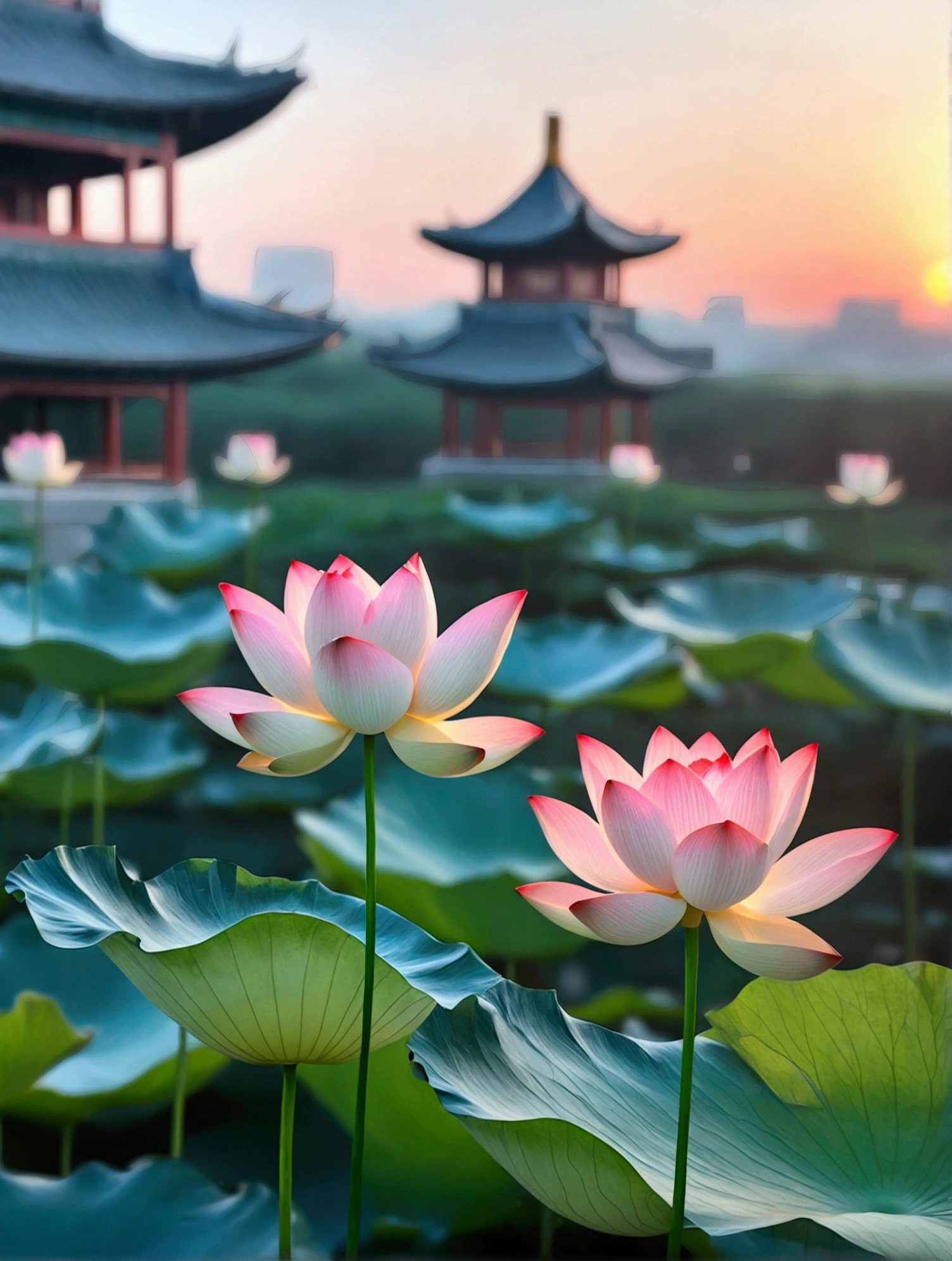 There is a Chinese-style building behind the light pink lotus，There is a beautiful sunset，Real photography,Fresh and natural picture，best quality, high resolution, 16K
