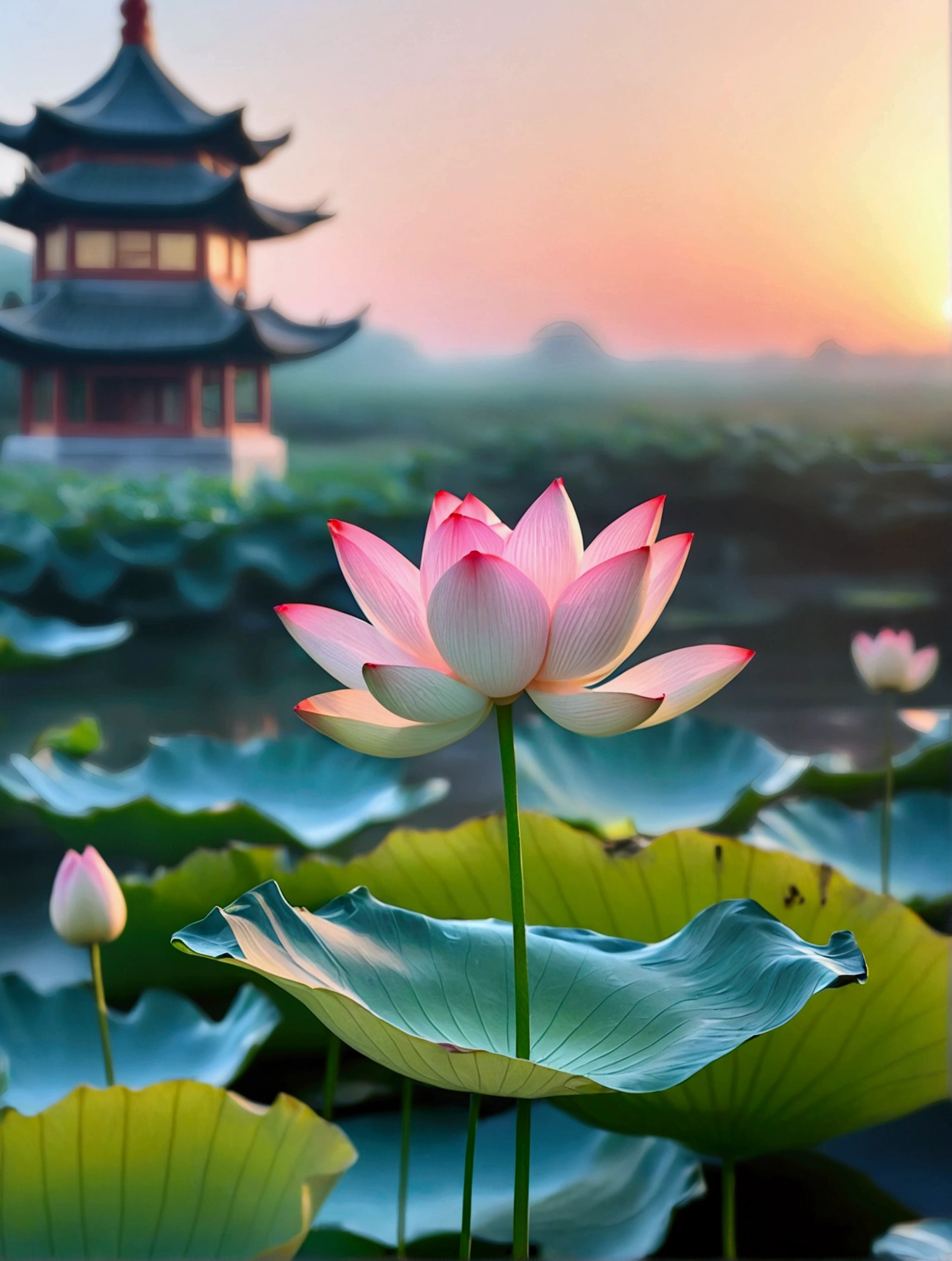 There is a Chinese-style building behind the light pink lotus,There is a beautiful sunset,Real photography,Fresh and natural picture,best quality, high resolution, 16K