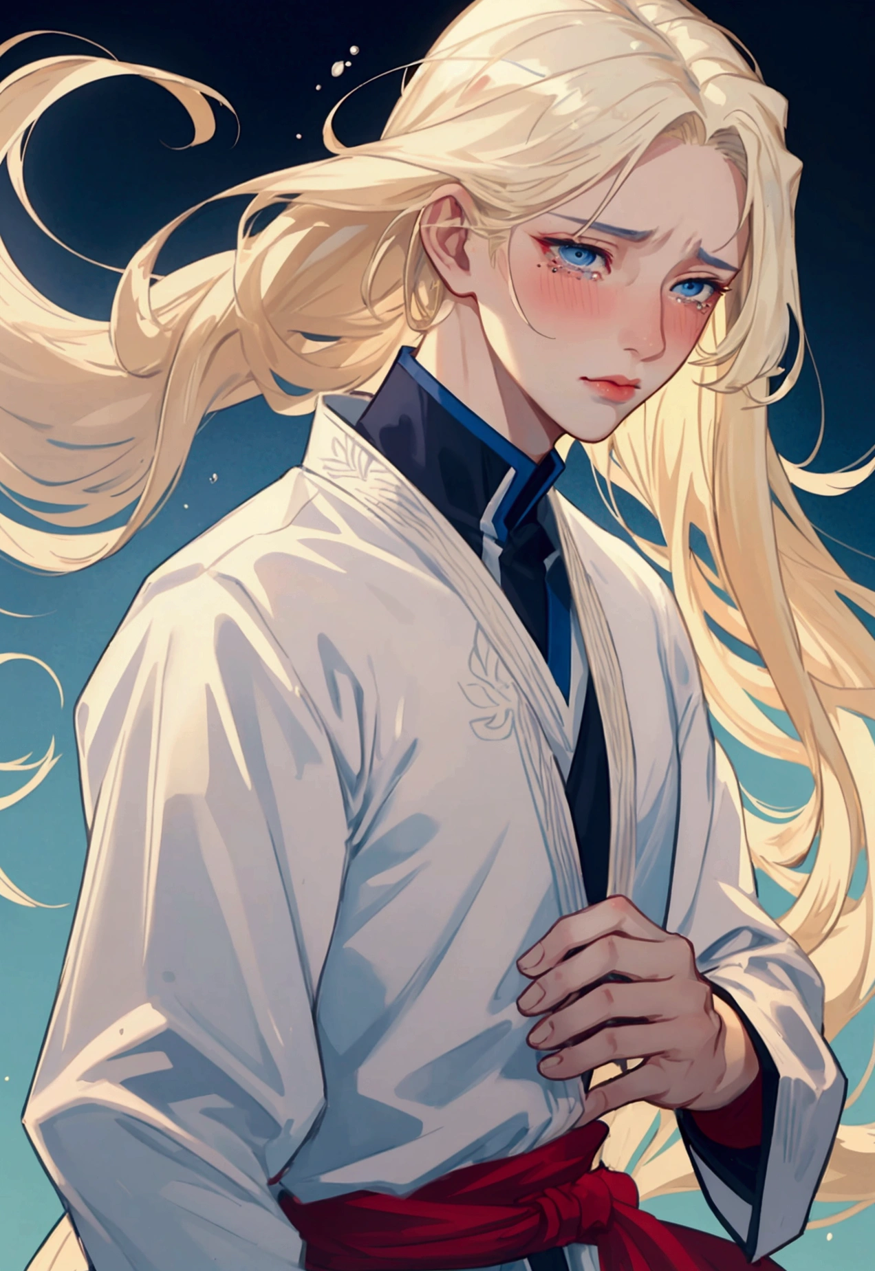 beautiful young man with long blonde hair, light blue eyes, delicate features of the face, cherry lips, White skin, slim build, mole under the cheek, martial arts cultivator style clothing. sad, tears, blushing face.