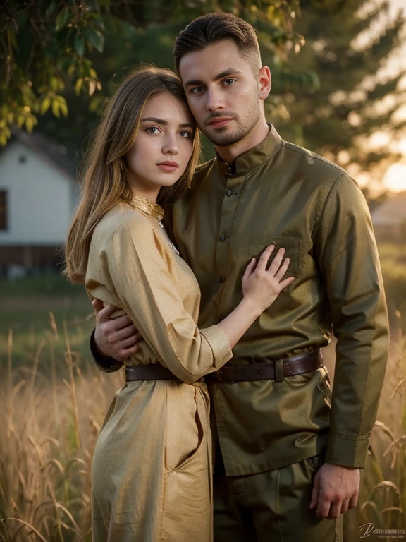 Front view, 1941 years, June, WW 2, (( face to face)),,  (Russian 1 boy and Russian 1 girl is existence), be drafted into the army, (couple is love), standing, ((couple is hug, face to face)), girl is crying tear drop, The setting is a rural village during a festival, with people engaging in traditional activities and celebrating their heritage, sunset, (foreshortening, highness, forehead-to-forehead, Canon, textured skin, 8K, anatomically correct, super detail, high details ,female gold hair,(closed eye) traditionally dress ,   male gold hair and buzz cut, khaki shirt and pant