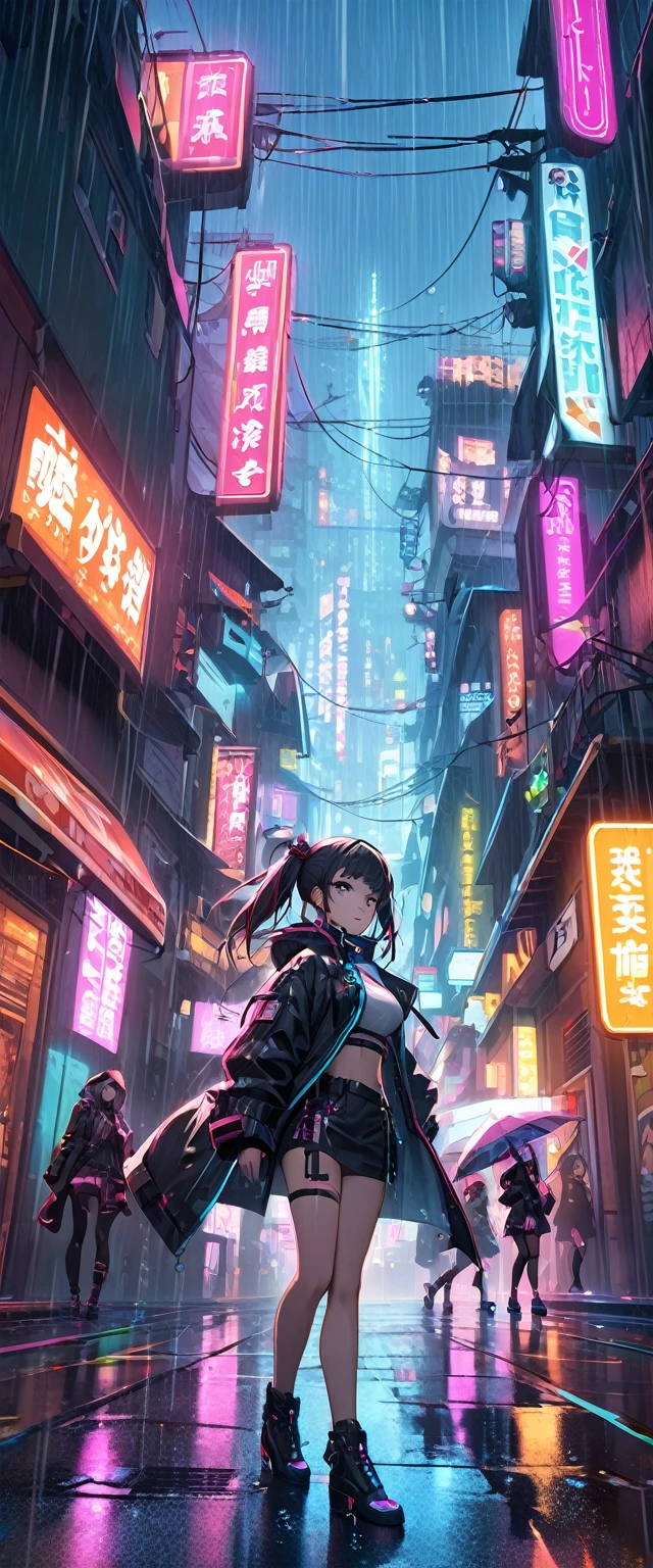cyber punk、Fighting Women、4K、Beautiful depiction、Neon Town、rain、Immersion