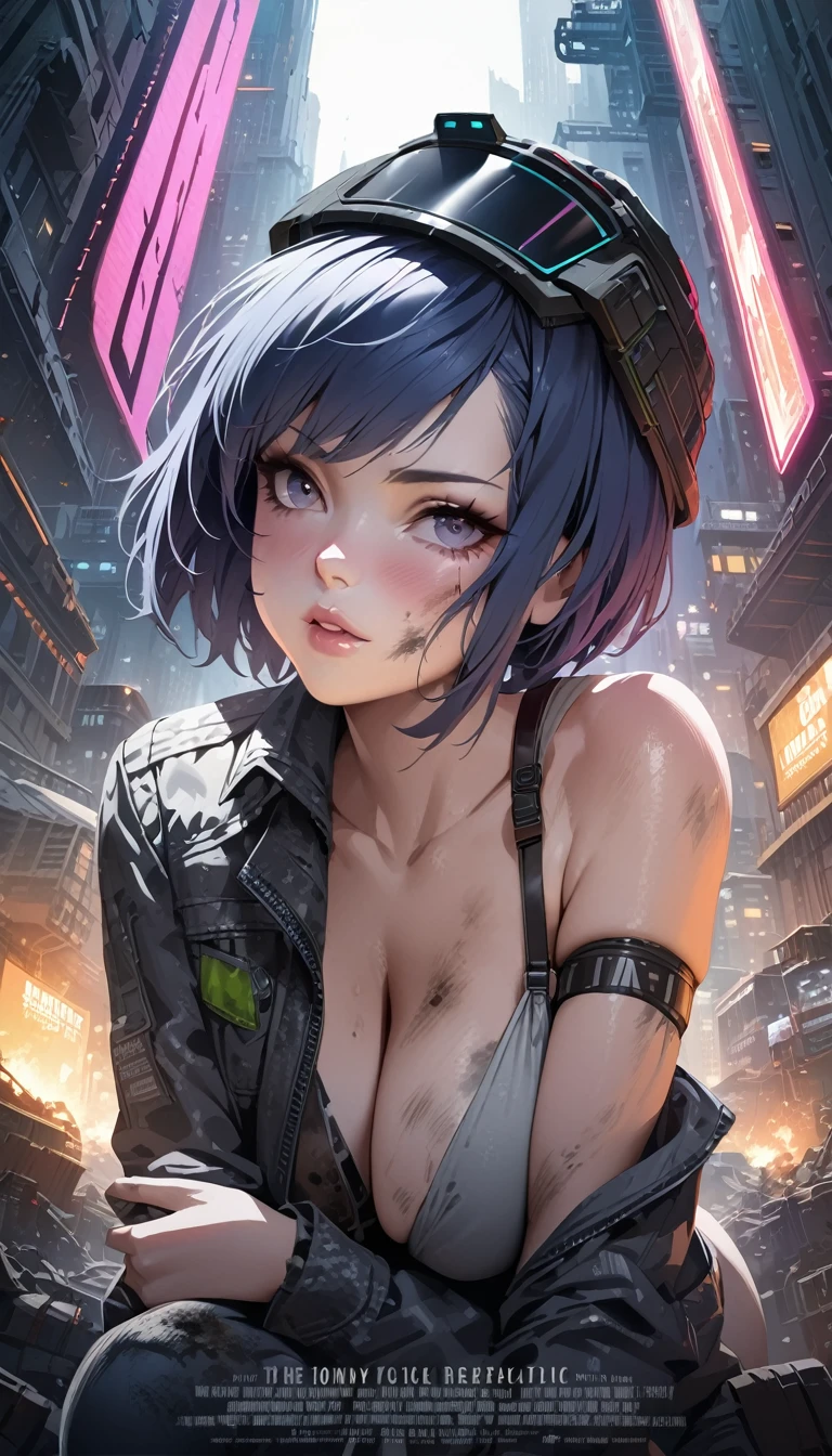 Analog Style, High resolution, (((masterpiece))), Coal miner, woman, (sexy:0.9), dirty, cyber punk, Futuristic, sf, Very detailed, short hair, Award-winning movie posters, (((Realistic)))