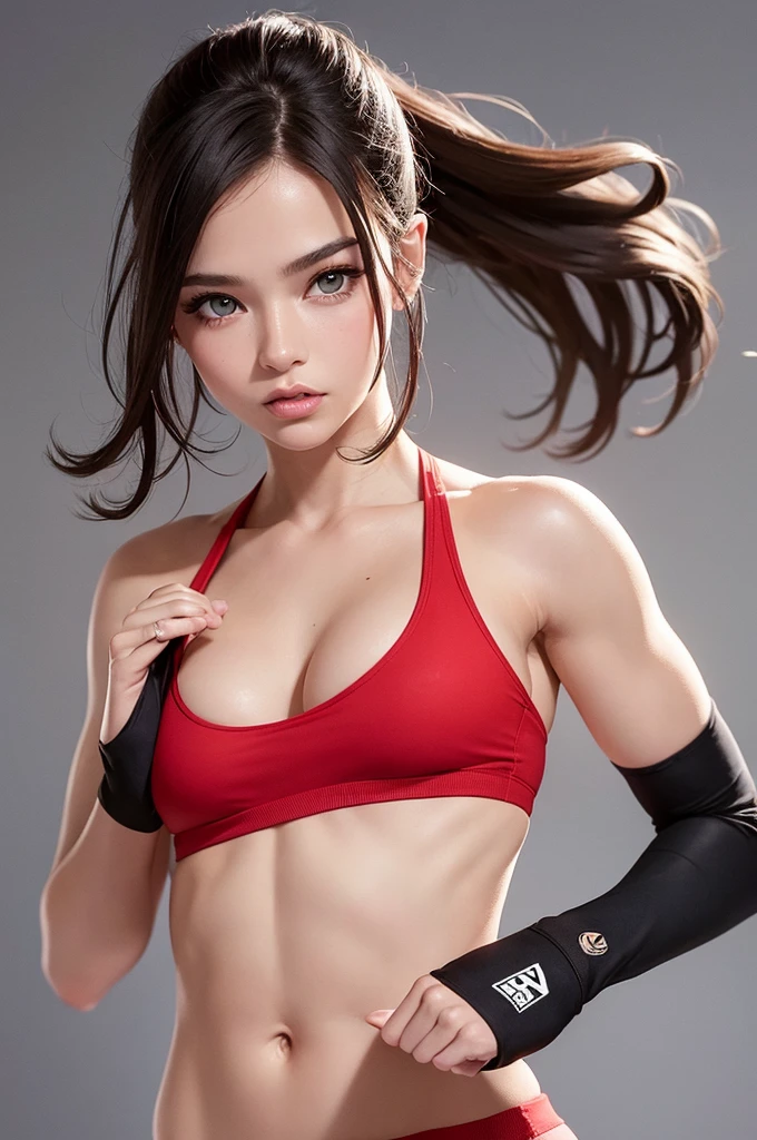 High resolution, beautiful woman, beautiful face, symmetrical eyes, model-like proportions, muscular body, boxing fighting pose, super tiny sports bra, (underboob visible), super high-leg racing bloomers, open finger gloves, on top of a boxing ring, blurred background, emphasized figure outline,