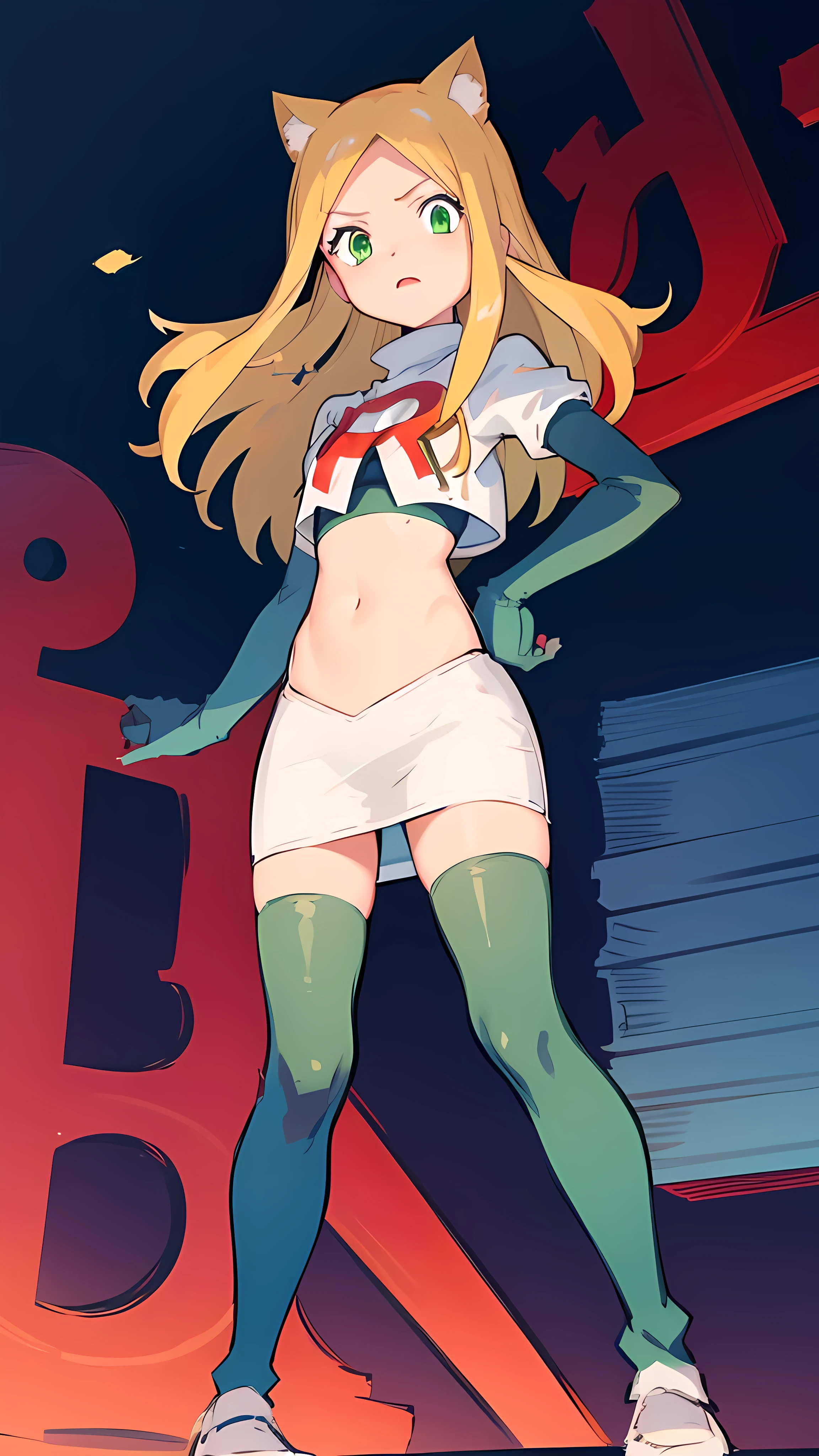 masterpiece, best quality, Izumi\(digimon\),hair over one eye, green eyes, long hair, 1girl, solo, team rocket,team rocket uniform, red letter R, white skirt,white crop top,black thigh-highs,black elbow gloves, cat hat, from below
