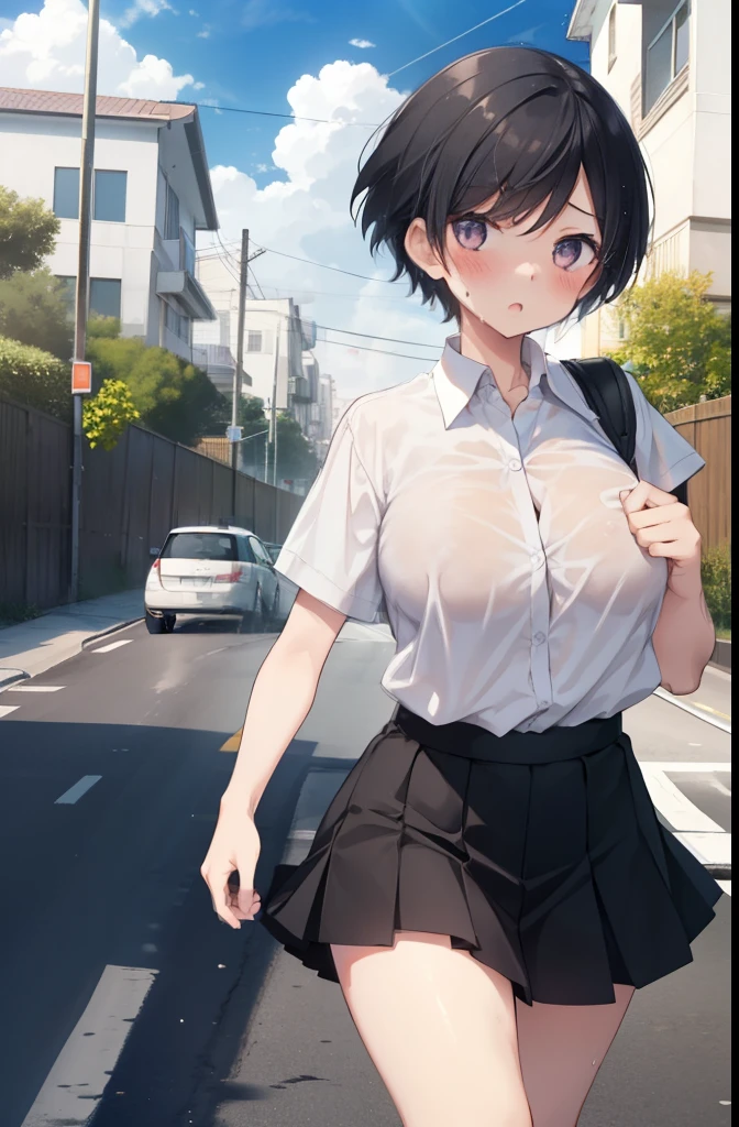 Residential Street,road,Girl 1,boyish,Very short hair,Black Hair,blush,Sweat,Summer uniform,mini skirt,White shirt,Running in a hurry,sun,cloud,Big Breasts,,Open your mouth,Sigh,Serious face,