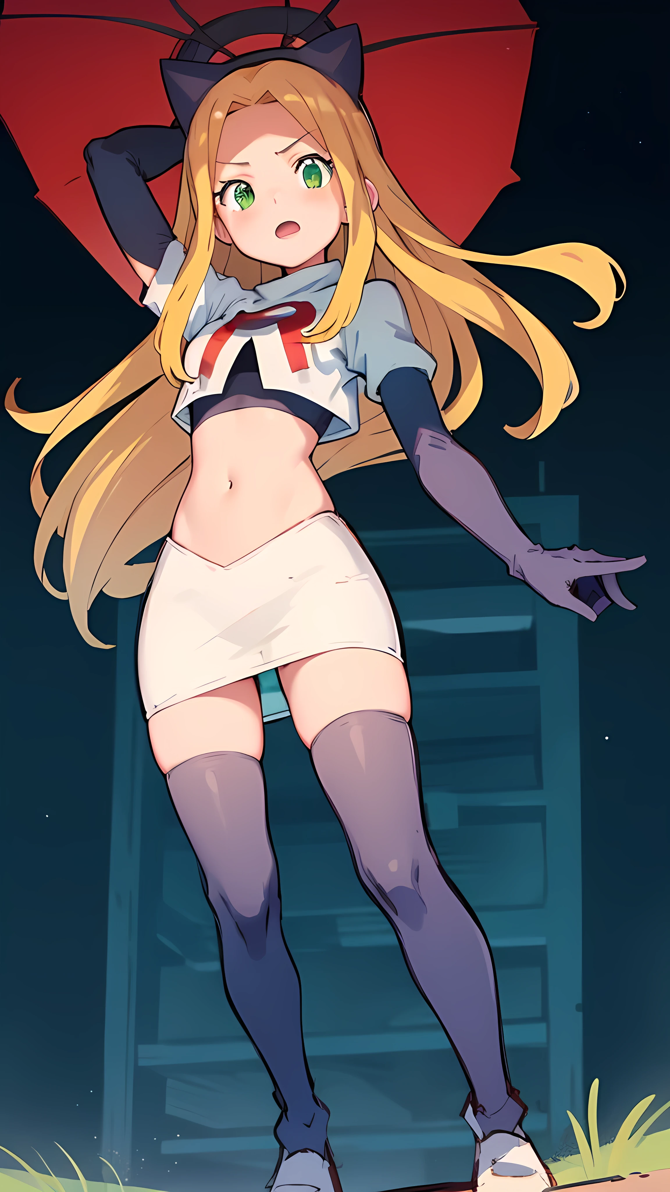masterpiece, best quality, Izumi\(digimon\),hair over one eye, green eyes, long hair, 1girl, solo, team rocket,team rocket uniform, red letter R, white skirt,white crop top,black thigh-highs,black elbow gloves, cat hat, from below