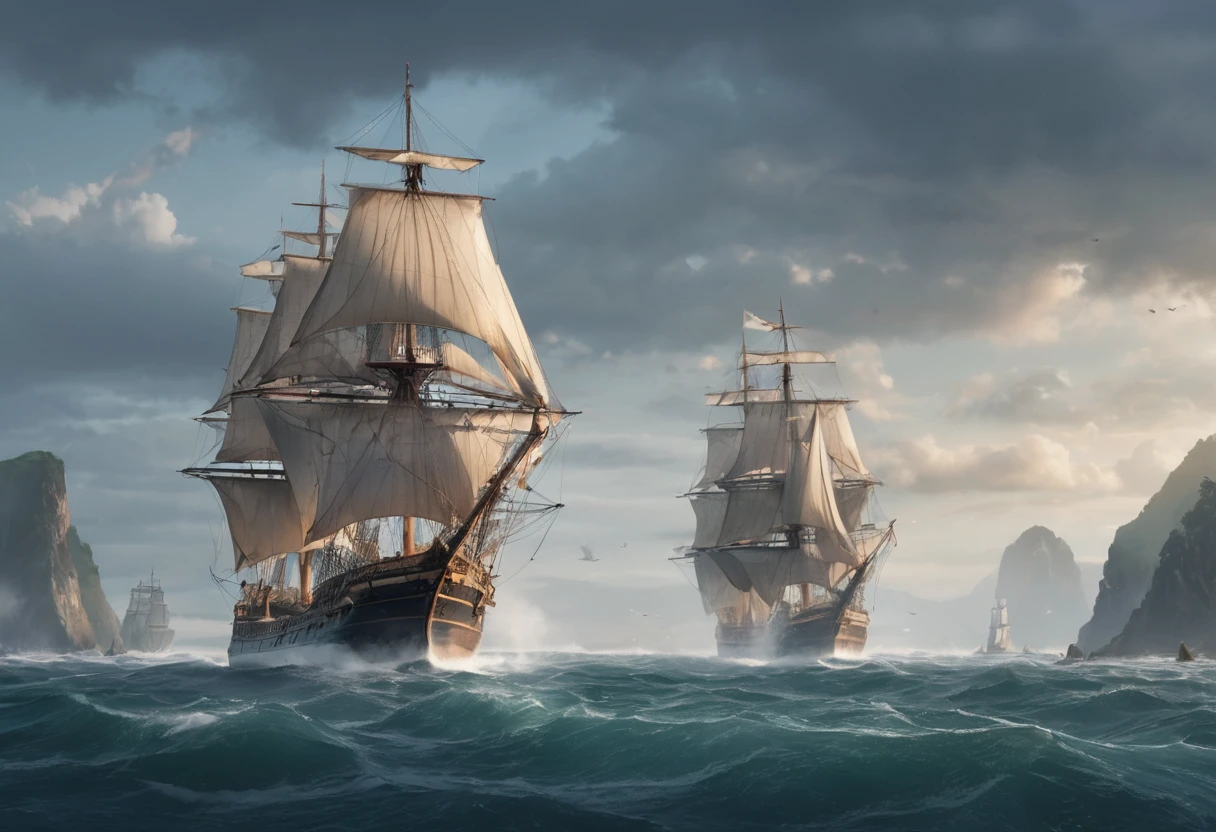 (Ocean landscape scene with ship)、(Two ships race:1.2)、(2 Galleons:1.2)、(Ship)、(Complete drawing from bow to stern:1.2)、(sail)、膨らんだsail、Detailed Description、Blur the background、horizontal line、(masterpiece, Highest quality:1.2)、4K High Resolution、