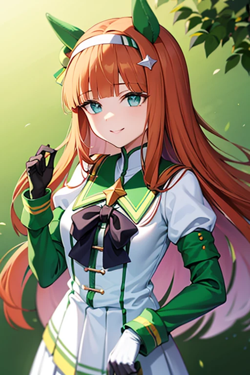 aasuzuka, smile, long hair, animal ears, ear covers, white hairband, horse tail, green sailor collar, black bow, white shirt, layered sleeves, green sleeves, black gloves, white skirt, black pantyhose,