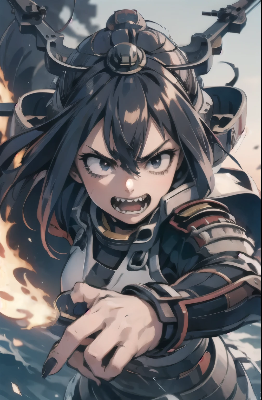 (Nagato Kai Ni Kantai Collection), My Hero Academia、Long straight black hair、Black eyes、White Eyes、Sharp teeth、Has long black nails、A teenager wearing armor loses control of her powers