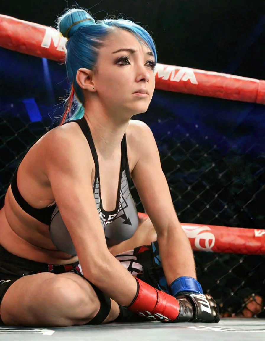 A cute woman (age 25, athletic, hair put up tight brightly colored) is an MMA fighter in the octagon, intense women's match. camera is from floor level looking up outside the ring, skilled fighters, intense fight