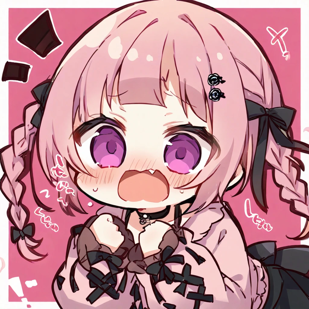 Top quality, masterpiece,a chibi girl
, peal purple and blunt bangs hair, twin braids, eyes closed, mouth wide open and screaming, blushing, smilng,fangs,(a girl with closs hair pin,
pink shirt,cosplay, jirai kei, bangs, black skirt, black bow, looking at viewer, bow, long sleeves, choker, ribbon,:1.4),