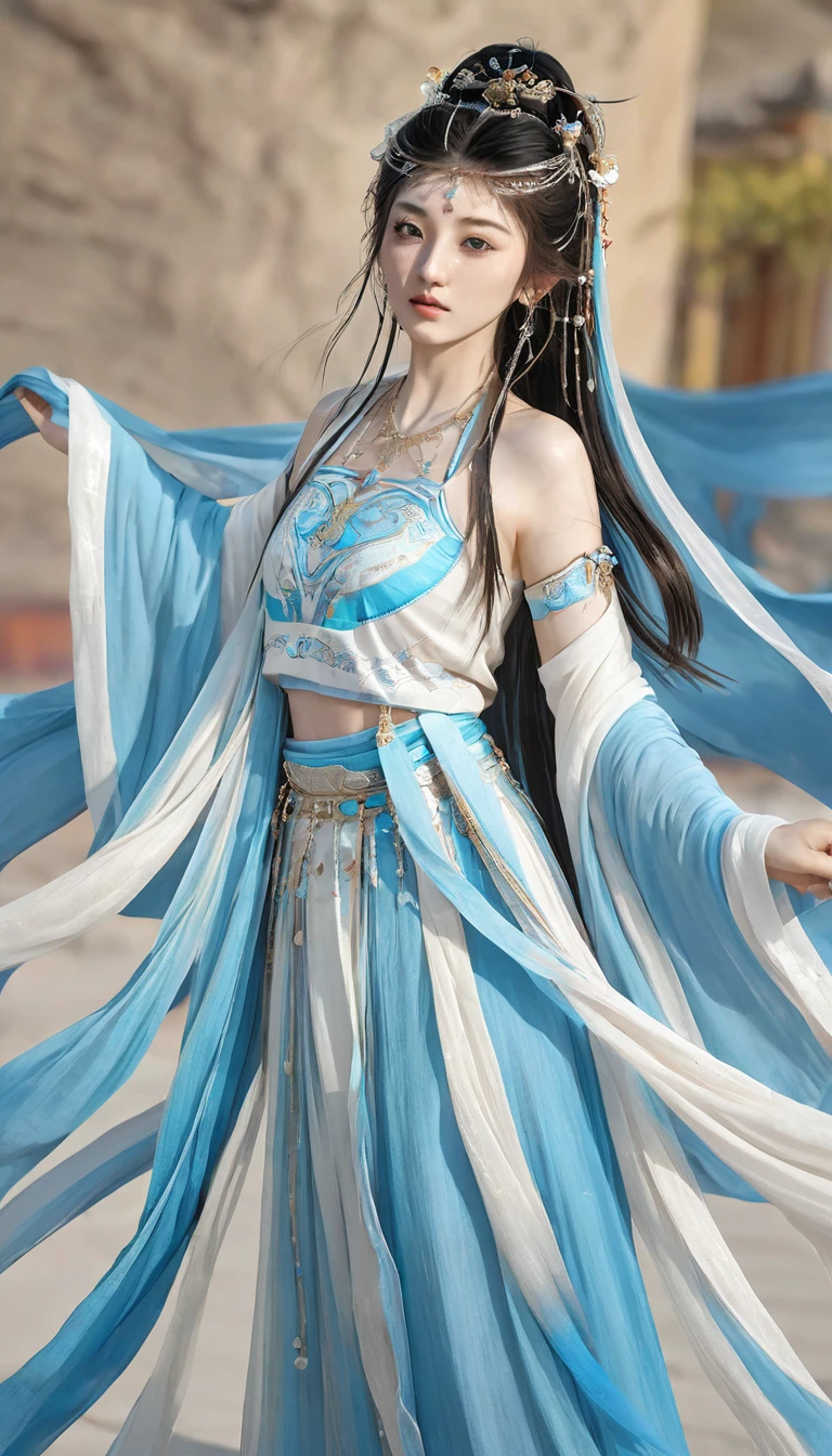 (RAW photo, best quality), (realistic, photo-realistic:1.3),best quality,highly detailed,masterpiece,ultra-detailed,illustration,1girl,upper_body,dynamic angle,world masterpiece theater,messy_long_hair,best quality,extremely detailed CG unity 8k wallpaper,ink,Amazing,cinematic lighting,lens_flare, dunhuang_style