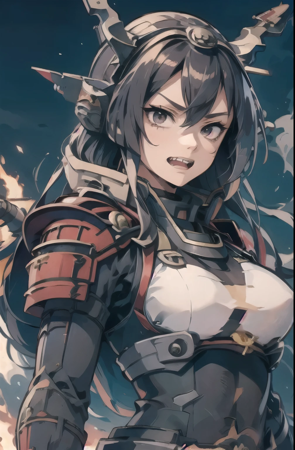 (Nagato Kai Ni Kantai Collection), My Hero Academia、Long straight black hair、Black eyes、White Eyes、Sharp teeth、Has long black nails、A teenager wearing armor loses control of her powers