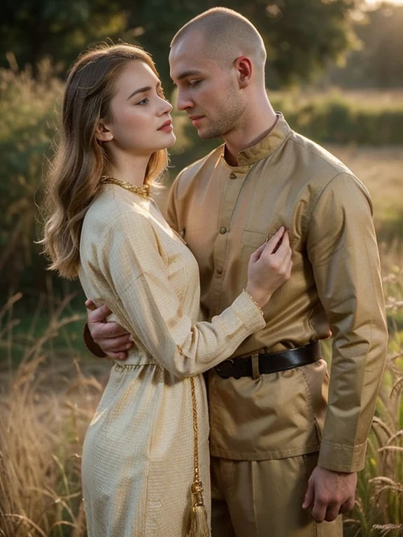 Front view, 1941 years, June, WW 2, (( looking each other face to face)),,  (Russian 1 boy and Russian 1 girl is existence), be drafted into the army, (couple is love), standing, ((couple is hug, face to face)), girl is crying tear drop, The setting is a rural village during a festival, with people engaging in traditional activities and celebrating their heritage, sunset, (foreshortening, highness, forehead-to-forehead, Canon, textured skin, 8K, anatomically correct, super detail, high details ,female gold hair,(closed eye) traditionally White dress ,   male gold hair and buzz cut, khaki shirt and pant