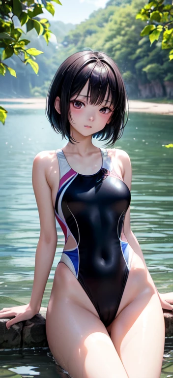 (4K,masterpiece,best quality,Extremely detailed),(sunlight,bloom),((Solitary)),(Beautiful Japanese Girl),(ager),(Black Hair),(Beautiful and delicate face,Beautiful and delicate eyes),(Delicate skin,White skin),slim,A faint smile,Shy,(One piece competition swimsuit),by the lakeside,(Put your hands behind your back),sit,Open your legs,