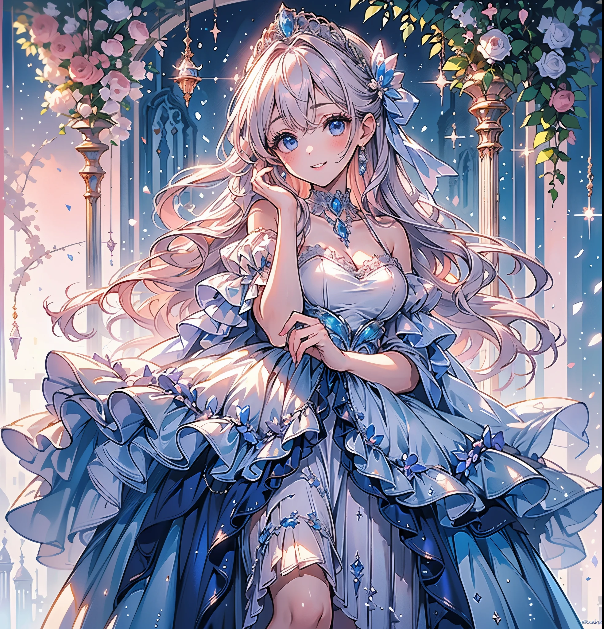 (Highest quality, masterpiece, Very detailed, Very detailed, Exquisite, 16K,Full HD), Photo above the bust,The princess is looking at me with a gentle expression...,(Sexy look,Big Breasts,Long eyelashes,Beautiful and cute eyes,White skin,slim,pale pink plump lips,Pale pink cheeks,thin and high nose,Small Nose),Diamond Tiara,Diamond Earrings,Diamond Earrings,Diamond Choker),(Pastel ball gown dress:1.1,Bejeweled dresses, Race, Ruffles and ribbons),(smile:1.2), (Fantasy, Romantic atmosphere), 