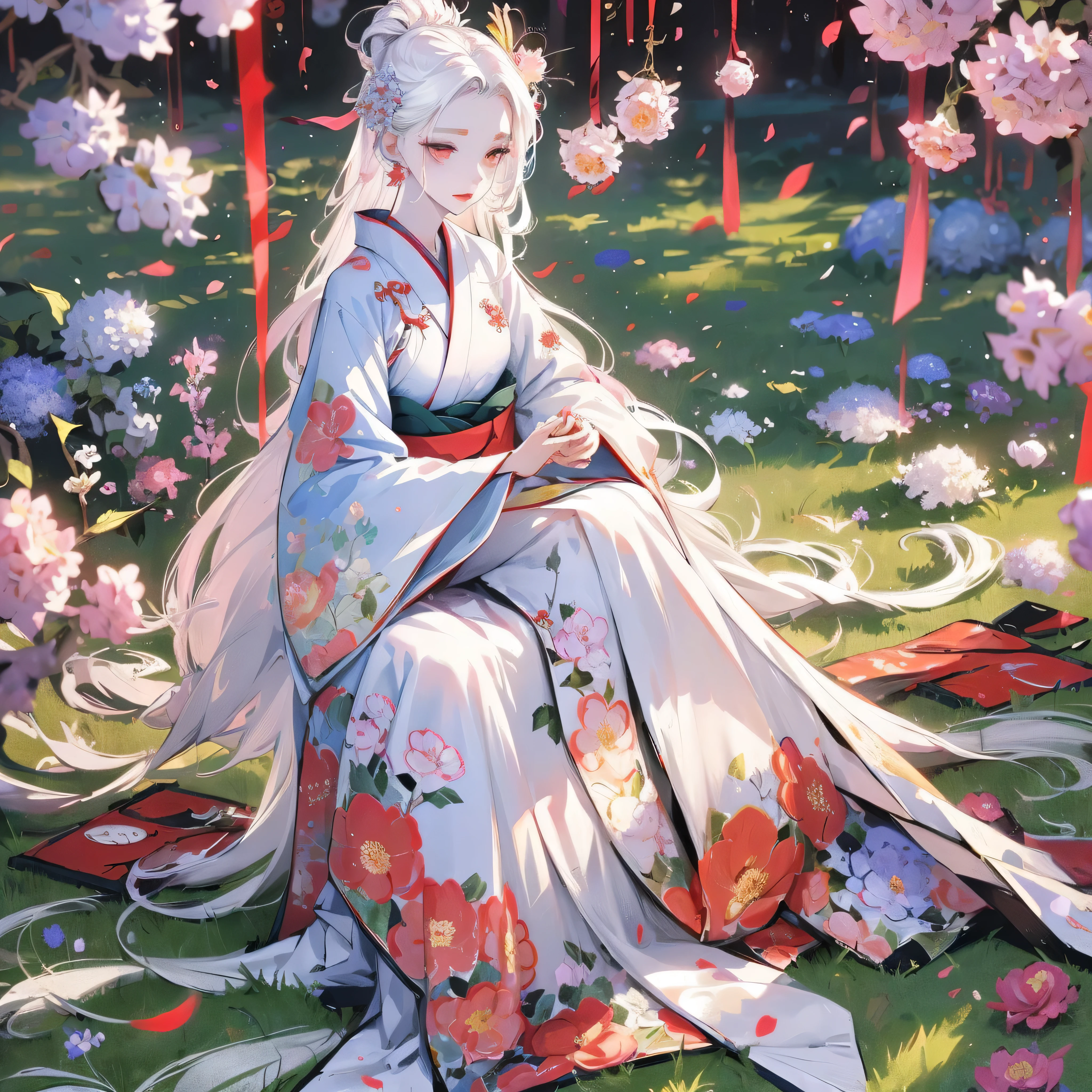 1 girl, long hair, white hair, cute big eyes, wavy hair, pale skin, makeup, red lips, sitting,  sitting in field, holding flowers, fullbody, kimono, hanfu, floral print, (Beautifully Aesthetic:1.2),field, hydrangea, peace, tranquility, serenity, petals