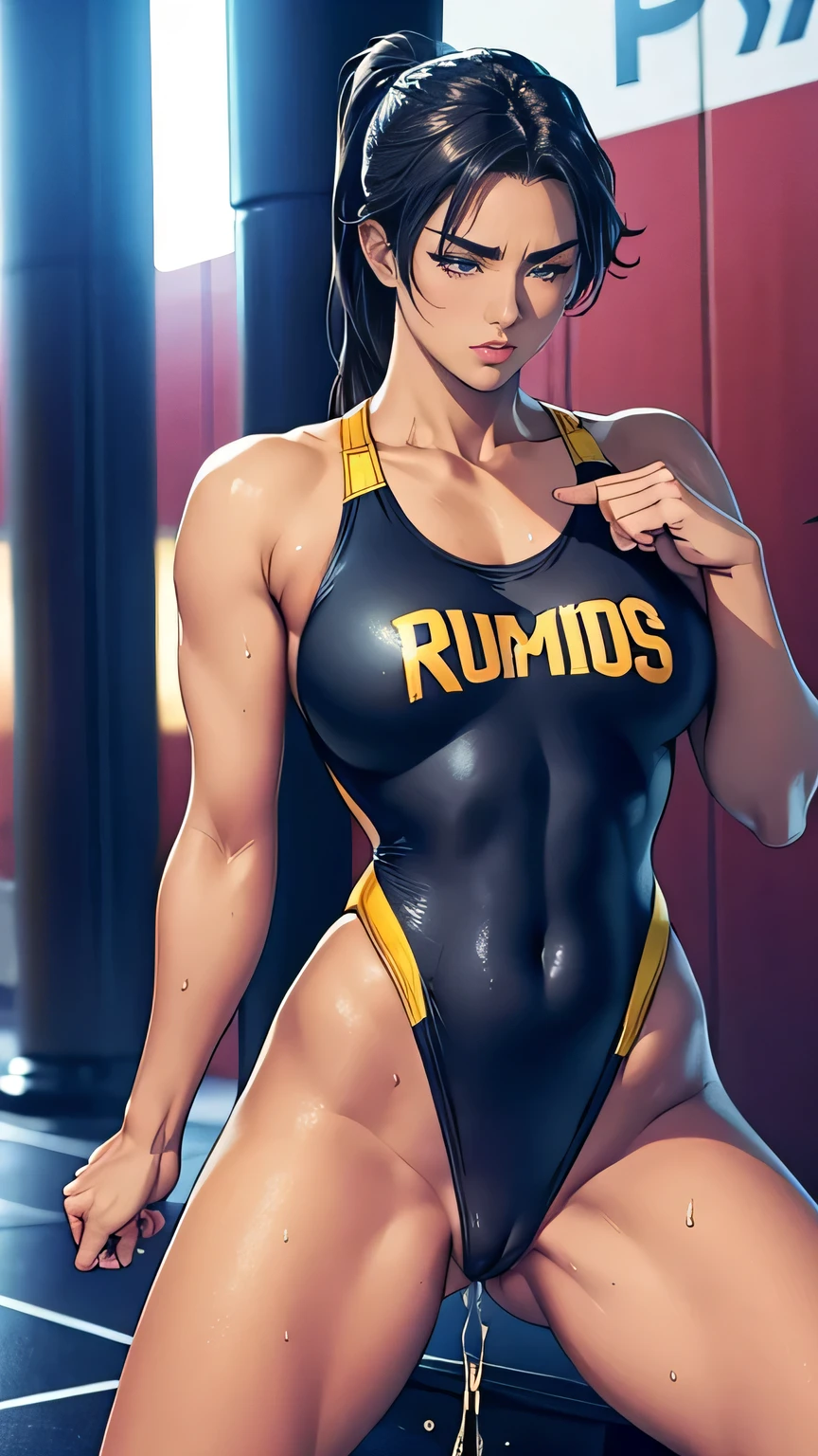 Painful expression. (A female athlete, wearing a black competition swimsuit.) Pussy fingering, pussy leaking, urination, wet crotch).