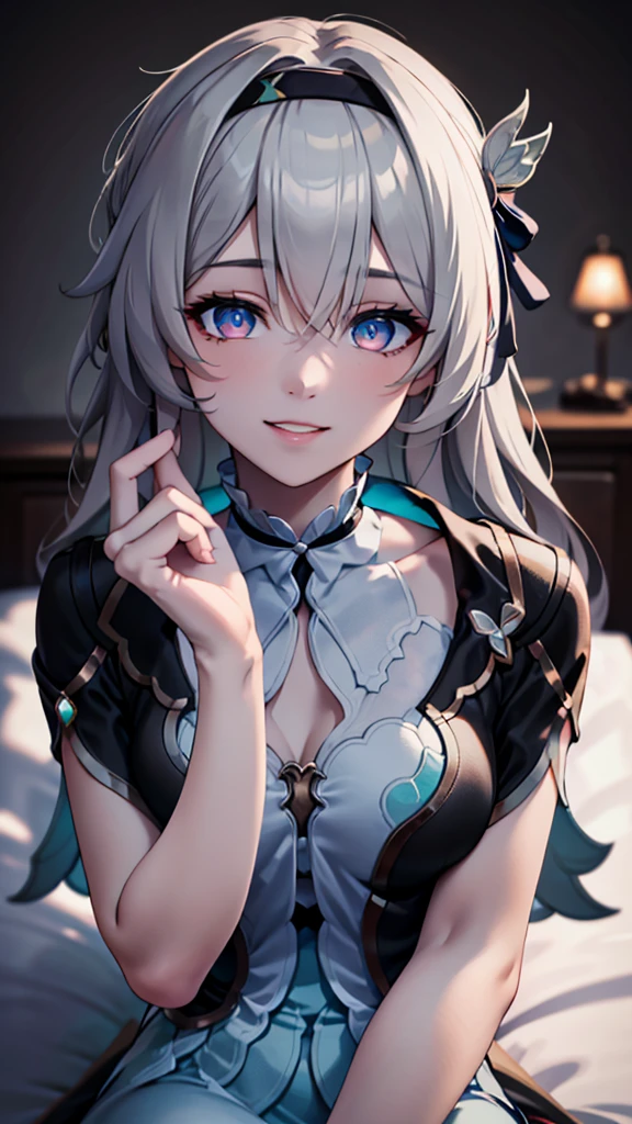 (masterpiece, best quality, absurdres), high quality, highres, ultra detailed, intricate, cinematic lighting, wallpaper, soft lighting, night, night light, close-up, looking at viewer, beautiful woman, 1girl, parted lips, Firefly honkai starrail, firefly HSR, small breasts, grey hair, black bow, hair bow, long stright hair, detailed gradient eyes color, gradient blue and red color eyes, ((Super Realistic Detailed Eyes, glowing eyes)), in bedroom, sitting on the bed, wearing a white nightgown, white nightgown, nightgown, focus on face, cowboy shot, smile, large smilling, peace pose, one eye covered, togue out, two fingers pose