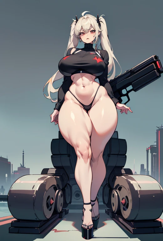 young girl, Pullover, mini bikini, whole body to see, angry look , scream, pigtails hair, (( very wide hips)), (((colossal Thighs, gigantic thighs, very huge thighs, very big thighs))), fullbody, platform heels, pale skin, very Big breast, gun, cyberpunk, soldier girl , full body, oiled body , Shiny skin,