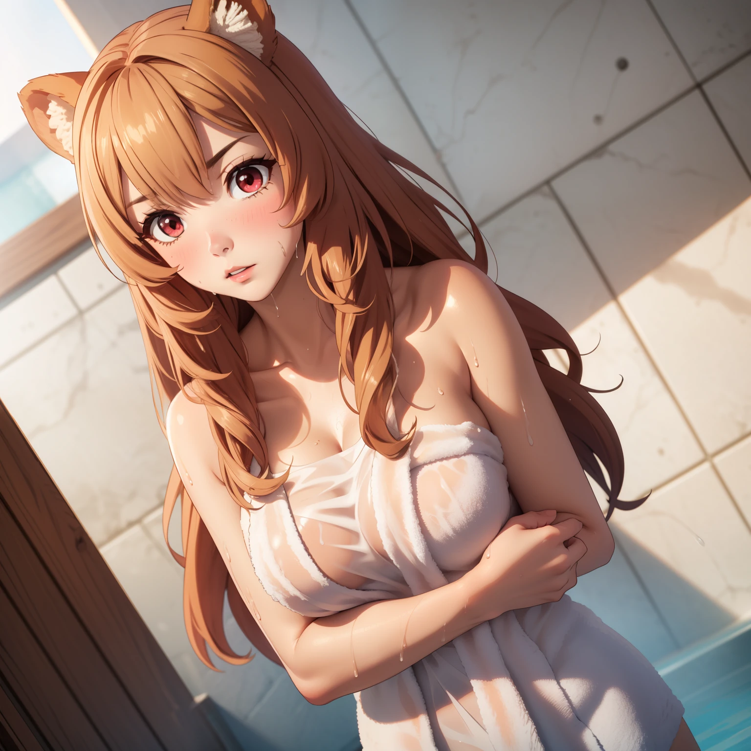 Raphtalia. , bear ears, red eyes, big breasts, expression of fury open mouth, frown, curves, slender, big breasts, (neckline) , (chest grip), (naked towel, ((see-through naked towel, naked towel))), , dynamic angle, of the highest quality, Super detailed, masterpiece. focused face.