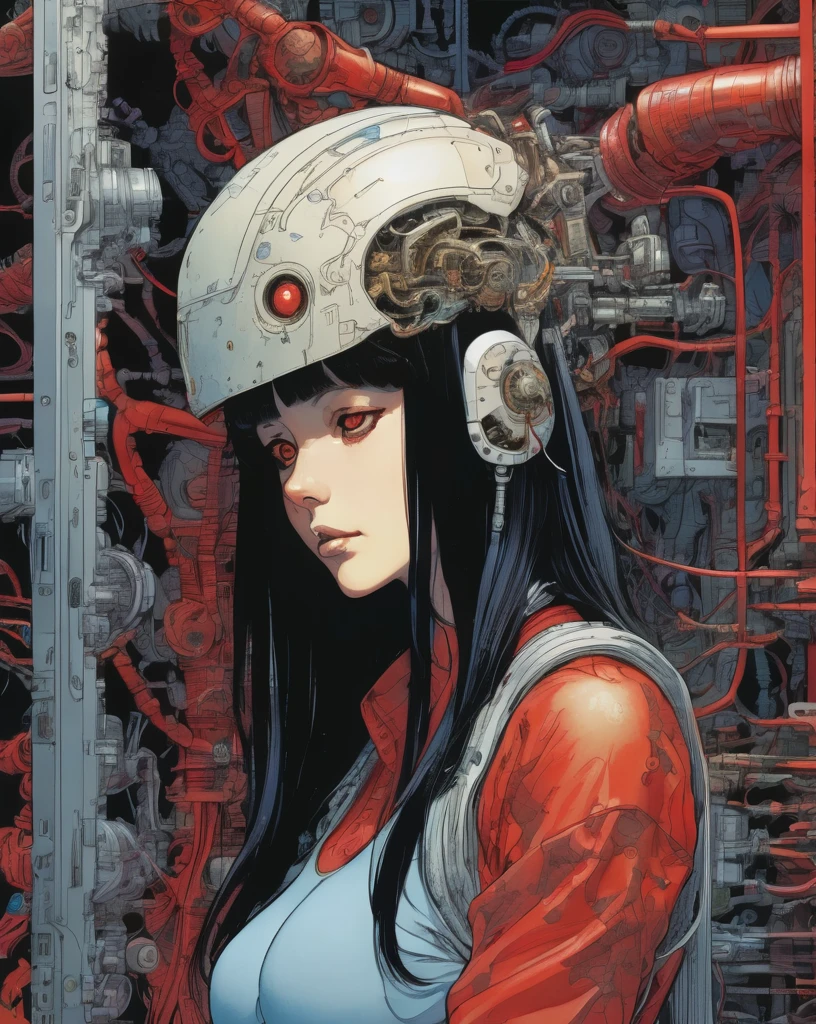 1 female demonic cyborg , tubes connected to the wall
beautiful
long black hair
praying
mechanical limbs
red turtle neck tight
skulls
(color ink painting by Katsuhiro Otomo, Moebius, Victo Ngai Katsuya Terada, Aaron Horkey )