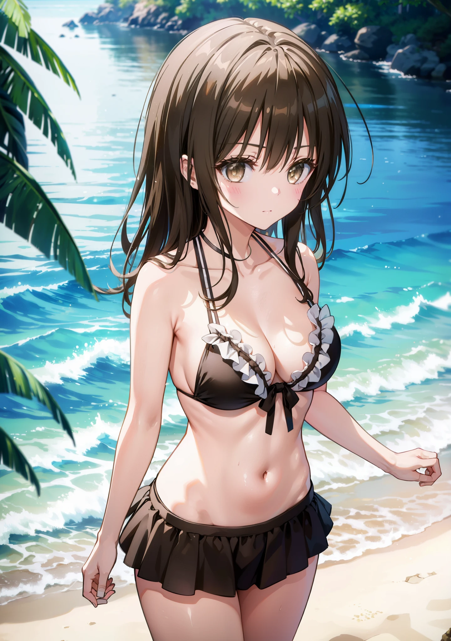 Yuikotegawa, yui kotegawa, Black Hair, (Brown eyes:1.5), Long Hair,Big Breasts,clavicle,smile, (Beach salon), Hair Ribbon, (美しいBig Breasts:1.3), ((salon)),Pareo bikini swimwear,A long, thin cloth wrapped around her bare legs,Belly button,whole bodyがイラストに入るように,
break outdoors, Beach,
break looking at viewer, whole body,(Cowboy Shot:1. 5)
break (masterpiece:1.2), Highest quality, High resolution, unity 8k wallpaper,, (shape:0.8), (Beautiful attention to detail:1.6), Highly detailed face, Perfect lighting, Extremely detailed CG, (Perfect hands, Perfect Anatomy),