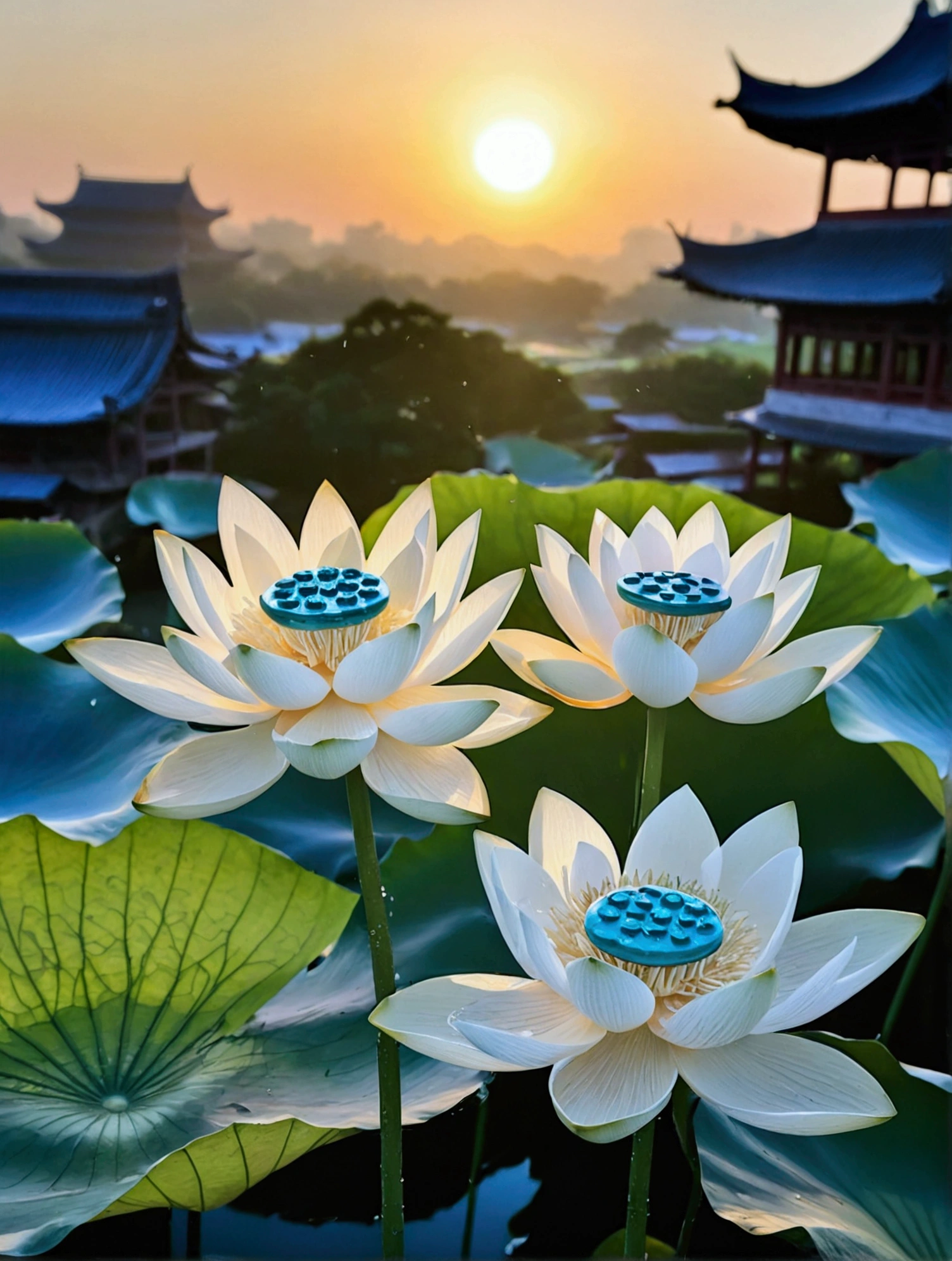 There are a lot of dew on the light white lotus,There is a Chinese building behind,There is a beautiful sunset,Real photography,Fresh and natural picture,best quality, high resolution, 16K