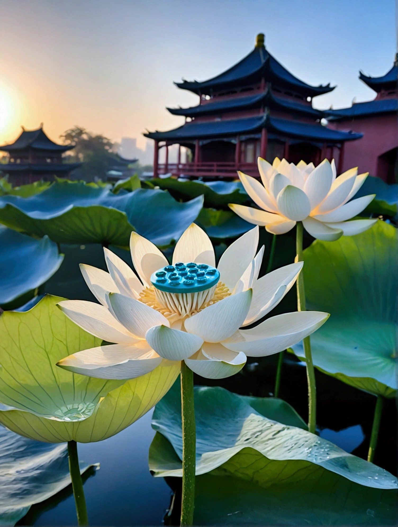 There are a lot of dew on the light white lotus，There is a Chinese building behind，There is a beautiful sunset，Real photography,Fresh and natural picture，best quality, high resolution, 16K
