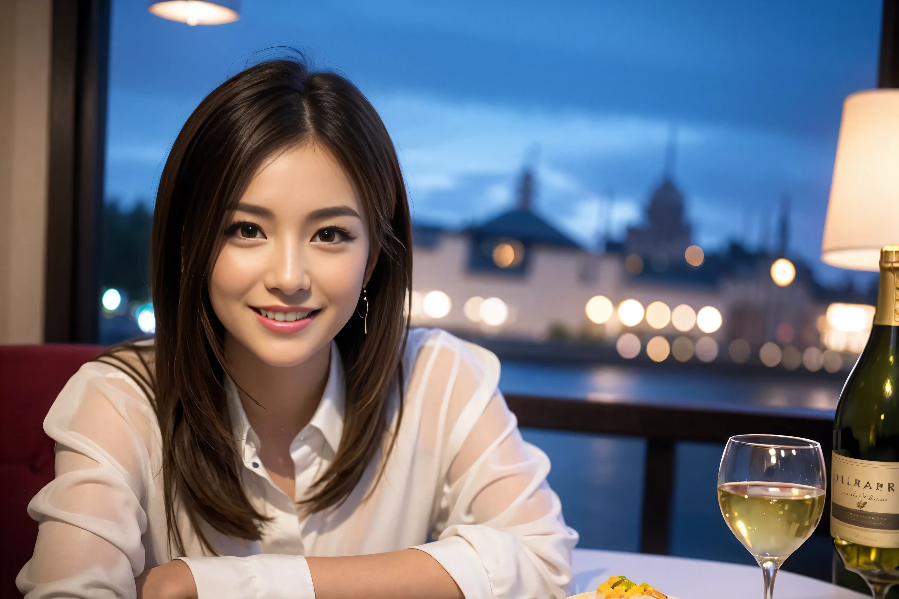 ((Highest quality、8k、masterpiece:1.3))、cute、Slim couple、Model Couple、Actress、(Realistic, Intricate details:1.2), full-course dinner、Wine Party、Amazing view of the sunset sky and clouds、A bright smile、short hair,Bright Face、 (45 years old), 42 years old, red wine 、Appetizers、Italian food、Wine bottle、Champagne、sparkling wine、Two beauties、Brown Hair、Shortcuts、Long sleeve shirt、dress、Beautiful woman 1, (Slim face), (The body is slim), (Brown Hair), (Shortcuts), cheeks turn a little red,Attractive beauty、restaurant, In a prominent place (From the waist up) Nova Frog Style, actress, model, Upper Body, White wine, slim, wine glass, A wine glass placed in the center, smile, (smile: 1.15), Beautiful fine grain, Depth f/2,saturation, High Contrast, Strong light and shadow,Moist Body:1.5、3D texture、Delicate eyes、Brown Hair、The hair is very shiny、