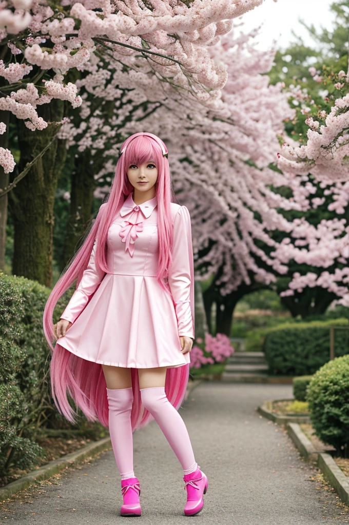 Full body of an anime female with bangs divided into 2 , long pink hair flying , sparkling pink eyes , wearing a dark pink costume , Standing in the cherry garden