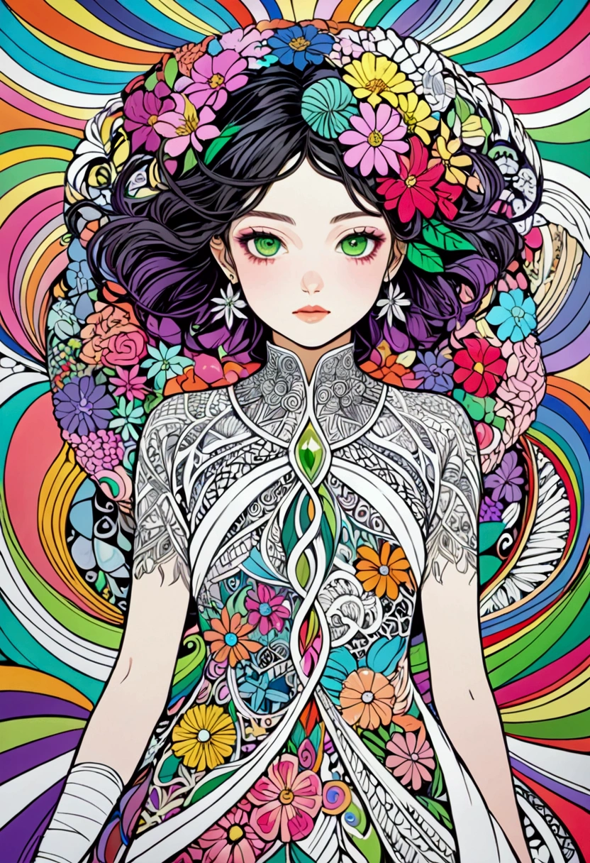 Official Art, colorful, Very detailed, beautiful and aesthetic, beautiful, masterpiece, Highest quality, (zenTangle, colorful, Tangle, enTangle), (Flower Ecstasy:1.2) Dynamic Angle, Girl To, the most beautiful form of chaos, elegant, Brutalist Design, Vibrant colors, Romanticism, whole body,The background is silver&green: Surrounded by a white aura、god々Shii、An illustration、12 years old、whole body