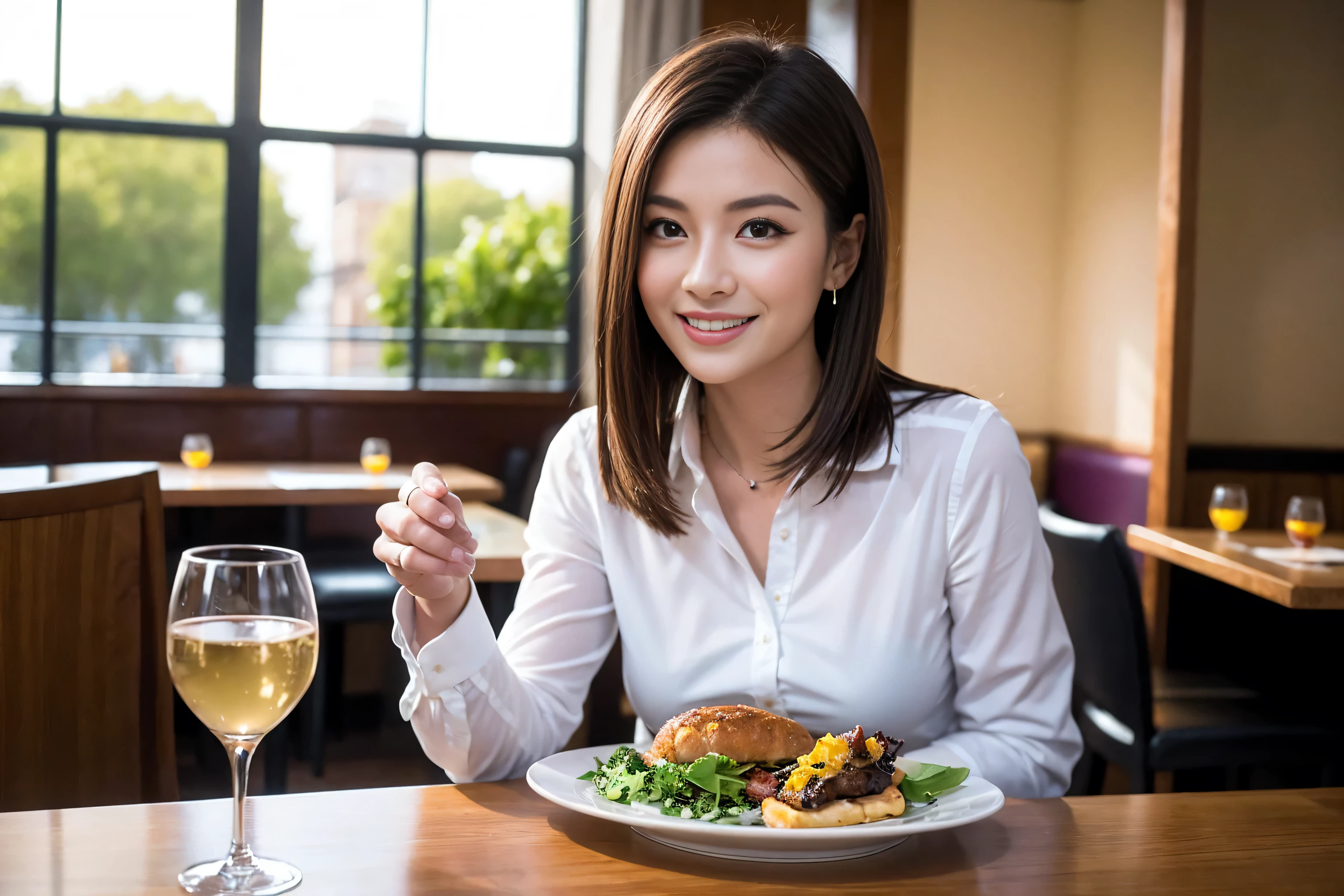 ((Highest quality、8k、masterpiece:1.3))、cute、Slim couple、Model Couple、Actress、(Realistic, Intricate details:1.2), full-course dinner、Wine Party、Amazing view of the sunset sky and clouds、A bright smile、short hair,Bright Face、 (45 years old), 42 years old, red wine 、Appetizers、Italian food、Wine bottle、Champagne、sparkling wine、Two beauties、Brown Hair、Shortcuts、Long sleeve shirt、dress、Beautiful woman 1, (Slim face), (The body is slim), (Brown Hair), (Shortcuts), cheeks turn a little red,Attractive beauty、restaurant, In a prominent place (From the waist up) Nova Frog Style, actress, model, Upper Body, White wine, slim, wine glass, A wine glass placed in the center, smile, (smile: 1.15), Beautiful fine grain, Depth f/2,saturation, High Contrast, Strong light and shadow,Moist Body:1.5、3D texture、Delicate eyes、Brown Hair、The hair is very shiny、