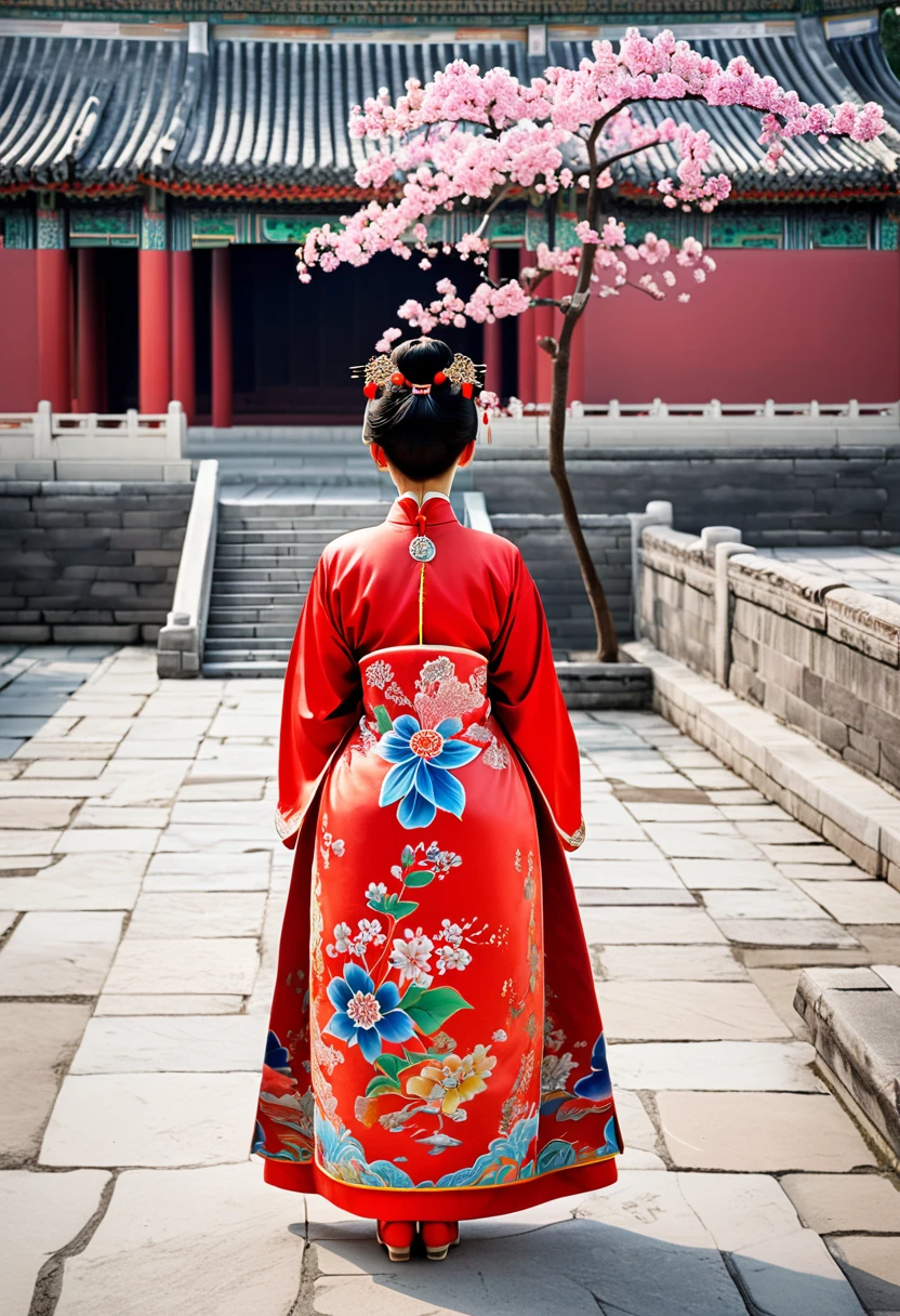 Photo from behind the stone paving outside the Qing Dynasty Palace、Empress of the Qing Dynasty、She is wearing a bright red Manchu costume with floral patterns., Her hair is big, Fancy flowers and hairpins. In this diagram、The loincloth is hanging down、Big butt exposed。.