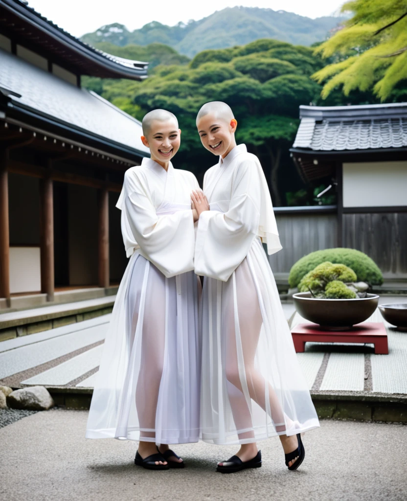 Two Japanese nuns having fun、The grounds of the nunnery、Shaved Head、Transparent Robe、Touching each other's bodies