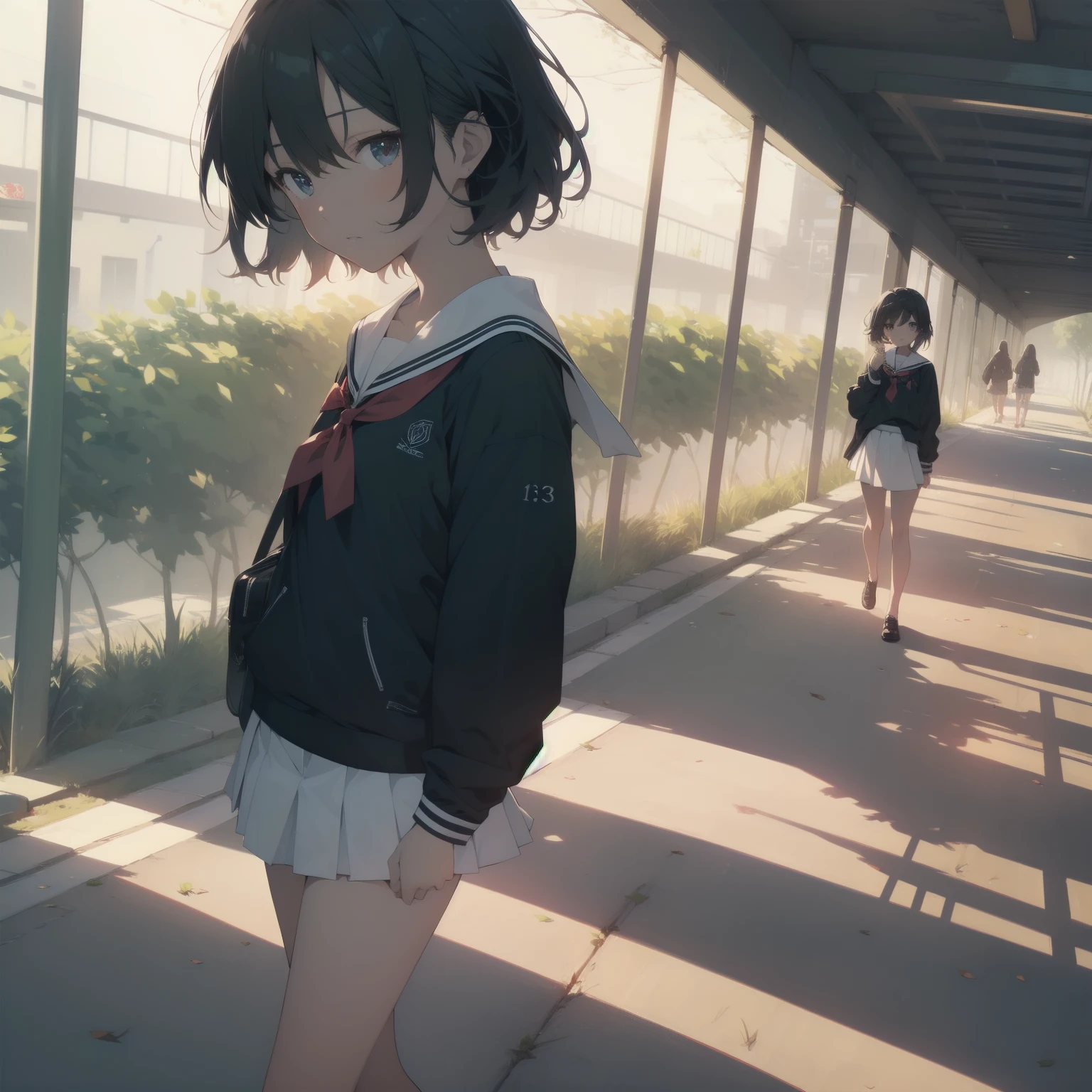 ultra-absurdres-Top quality by artist God, ultra-detailed, high resolution, anime moe artstyle, best anime 8k konachan wallpaper, pixiv contest winner, pool:2810, perfect anatomy,break, 1girl, (Please draw a girl walking sleepily to school alone. )break,(Solo,little female, 13-year-old:1.3),Full limbs, complete fingers,a junior high school student, (very short hair), short cut, flat chest, , small butt, small black eyes, beautiful detailed eyes, well-proportioned iris and pupils, expressive eyes, highres detailed hair, soft expression, salor school_uniform, sailor collar, serahuku, bow, pleated skirt,(Detailed Lighting), (Detailed background), in the School commute route. break,super detailed skin, Best cinematic lighting powered by famous artist, 8k,beauty illustration,photoshop_(medium),very aesthetic,break,((artist:haruhisky )), artist:clamp ,artist:carnelian ,artist:kantoku ,