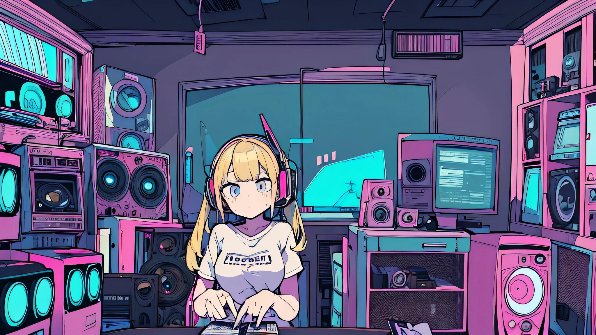 Best quality, (masterpiece), best detail face,1 girl, a little big breasts, 18 yo, 8k,absurdres,unity 8k wall paper,(extremely detailed:1.3), highest realistic, (retro headphones:), (soft neon light:), (psychedelic), Her room full of music equipment and records, sports wear , See the whole room , dark grey color pallet, blonde hair, pony tail hair