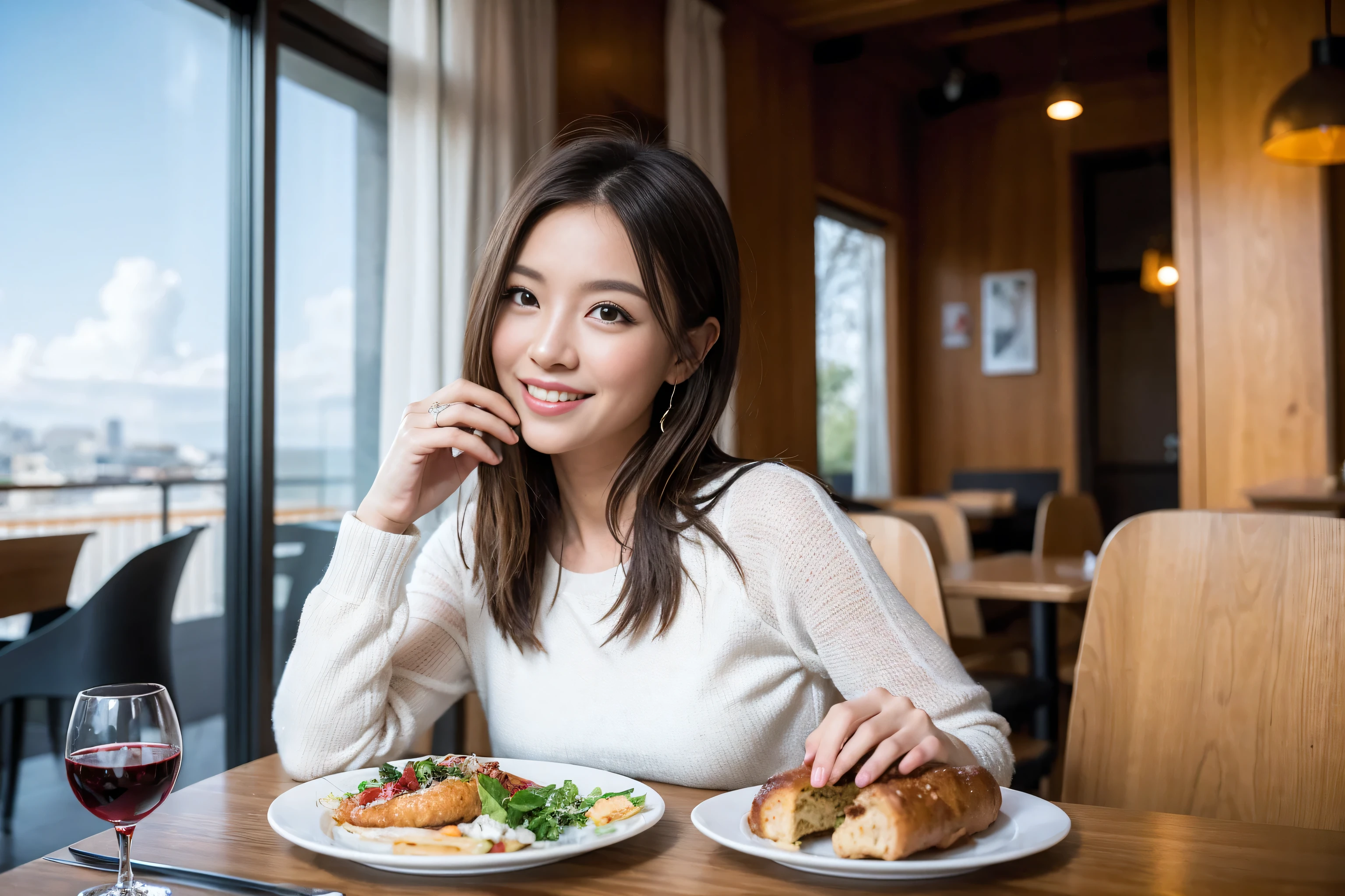 ((Highest quality、8k、masterpiece:1.3))、cute、Slim couple、Model Couple、Actress、(Realistic, Intricate details:1.2), full-course dinner、Wine Party、Amazing view of the sunset sky and clouds、A bright smile、short hair,Bright Face、 (45 years old), 42 years old, red wine 、Appetizers、Italian food、Wine bottle、Champagne、sparkling wine、Two beauties、Brown Hair、Shortcuts、Long sleeve shirt、dress、Beautiful woman 1, (Slim face), (The body is slim), (Brown Hair), (Shortcuts), cheeks turn a little red,Attractive beauty、restaurant, In a prominent place (From the waist up) Nova Frog Style, actress, model, Upper Body, White wine, slim, wine glass, A wine glass placed in the center, smile, (smile: 1.15), Beautiful fine grain, Depth f/2,saturation, High Contrast, Strong light and shadow,Moist Body:1.5、3D texture、Delicate eyes、Brown Hair、The hair is very shiny、